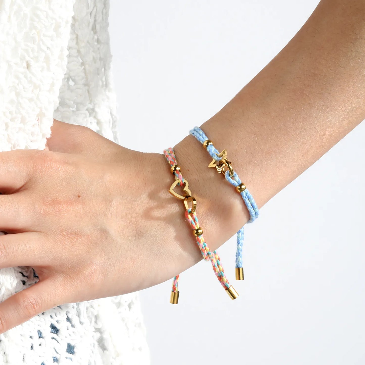 2 Styles Adjustable Braided Rope Charm Bracelets | Length 23cm | 18K Gold Plated Stainless Steel Star & Interlocking Heart Pull Cord Bracelet | Wholesale MOQ 12