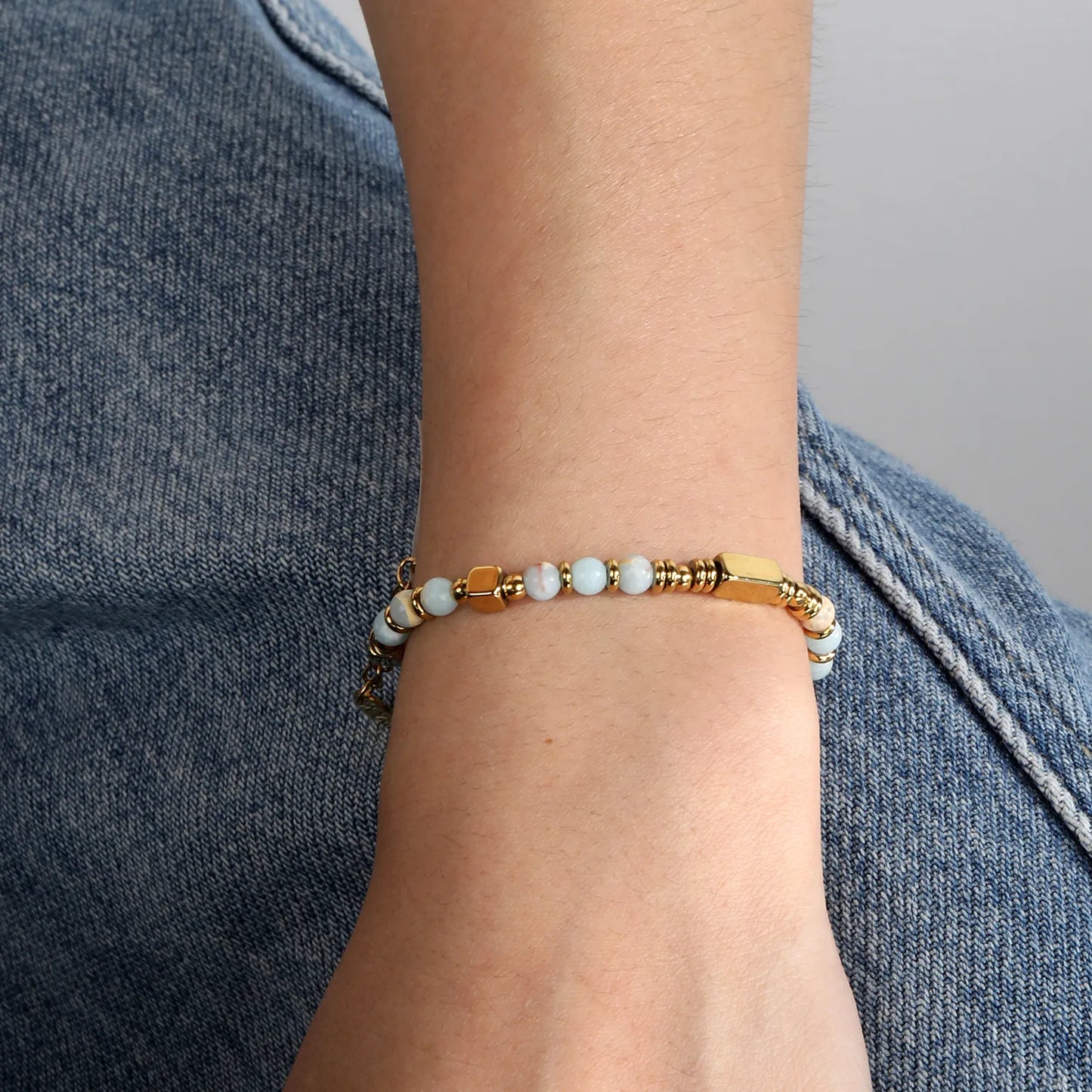 Natural Shoushan Stone Mixed Bead Gold Bracelet | Adjustable 17+3cm | 18K Gold Plated Stainless Steel Boho Beaded Bracelet | Wholesale MOQ 12