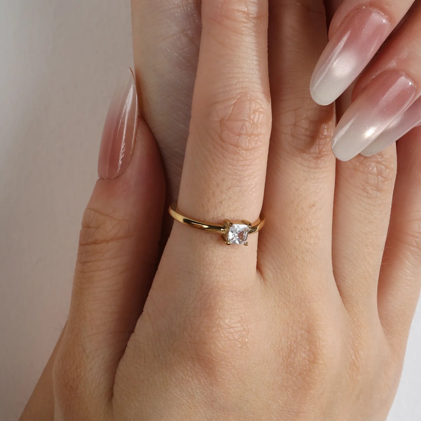 Solitaire Princess Cut CZ Dainty Gold Ring | 18K Gold Plated Stainless Steel Promise Ring | US Sizes 9 | Wholesale MOQ 12