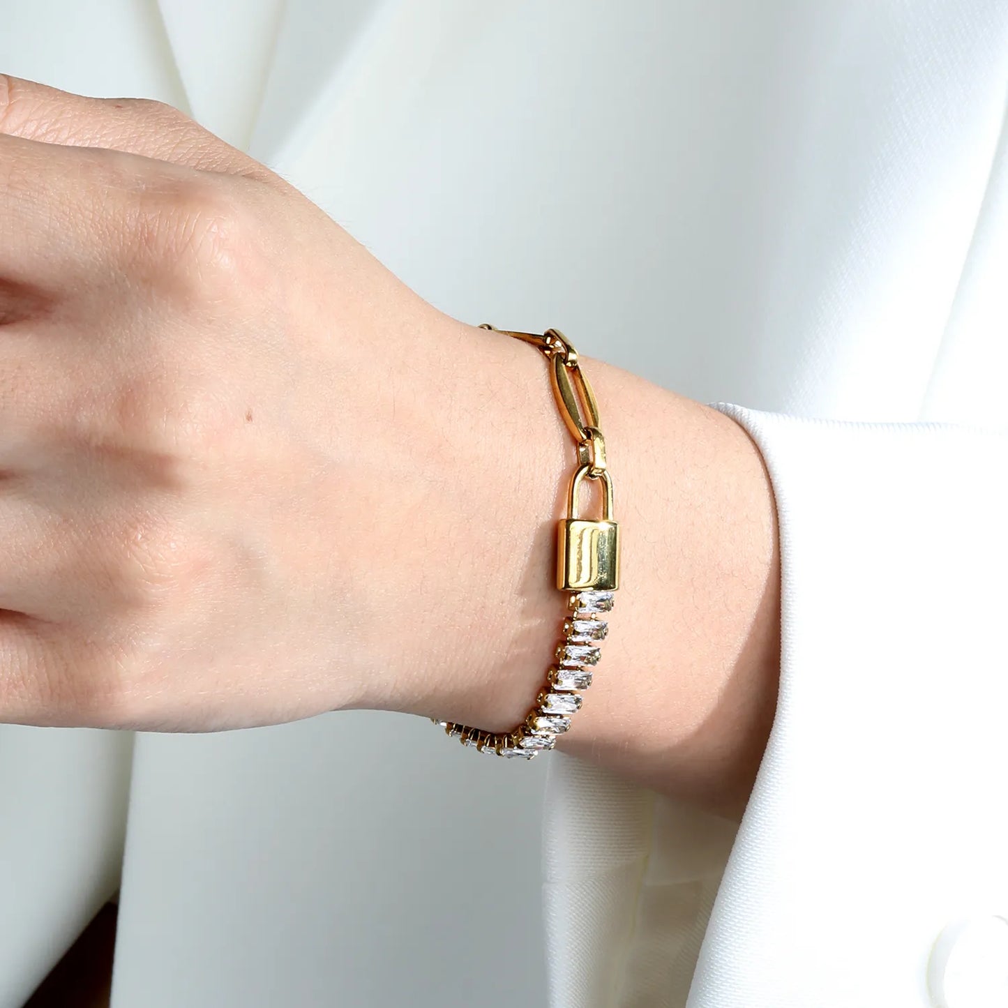 Two-Tone Hybrid Baguette CZ & Oval Link Padlock Bracelet | 18K Gold Plated Stainless Steel Toggle Clasp Bracelet | Wholesale MOQ 12