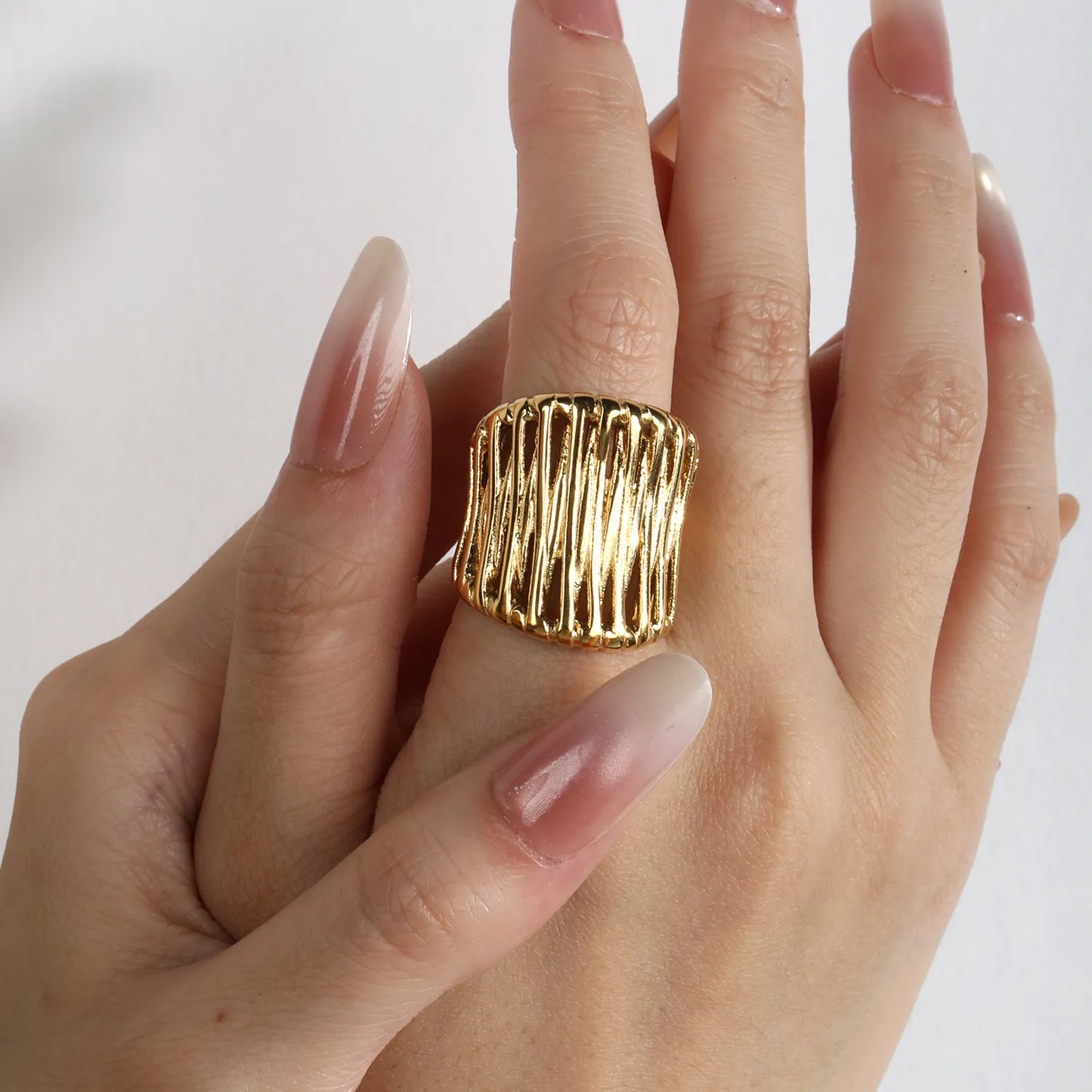 Irregular Woven Open Cuff Wide Band Gold Ring | 18K Gold Plated Stainless Steel Adjustable Open Ring | US Size 7 | Wholesale Bulk Order 12