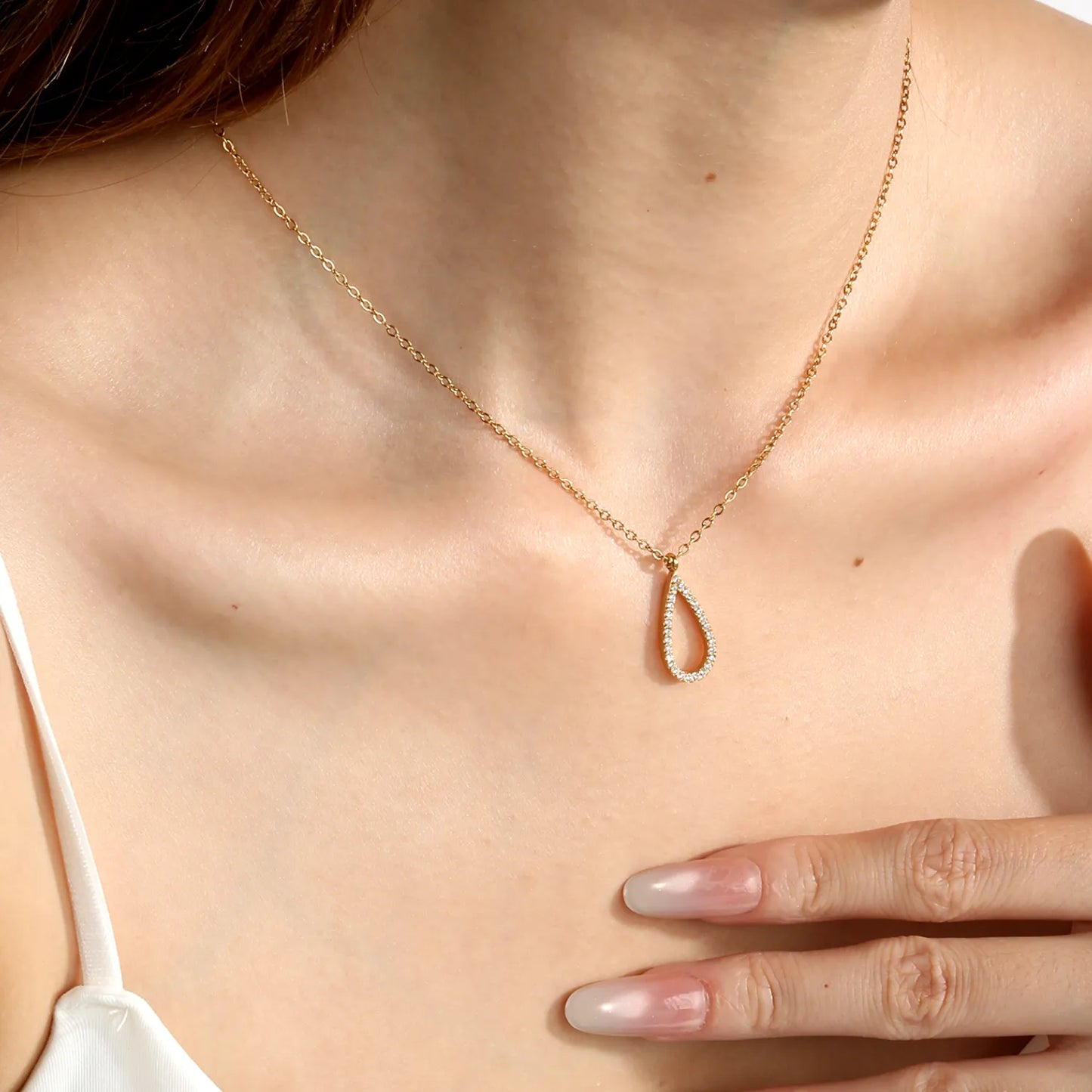 Hollow Teardrop Full Pave CZ Pendant Necklace | Adjustable 40+5cm | Wholesale MOQ 12