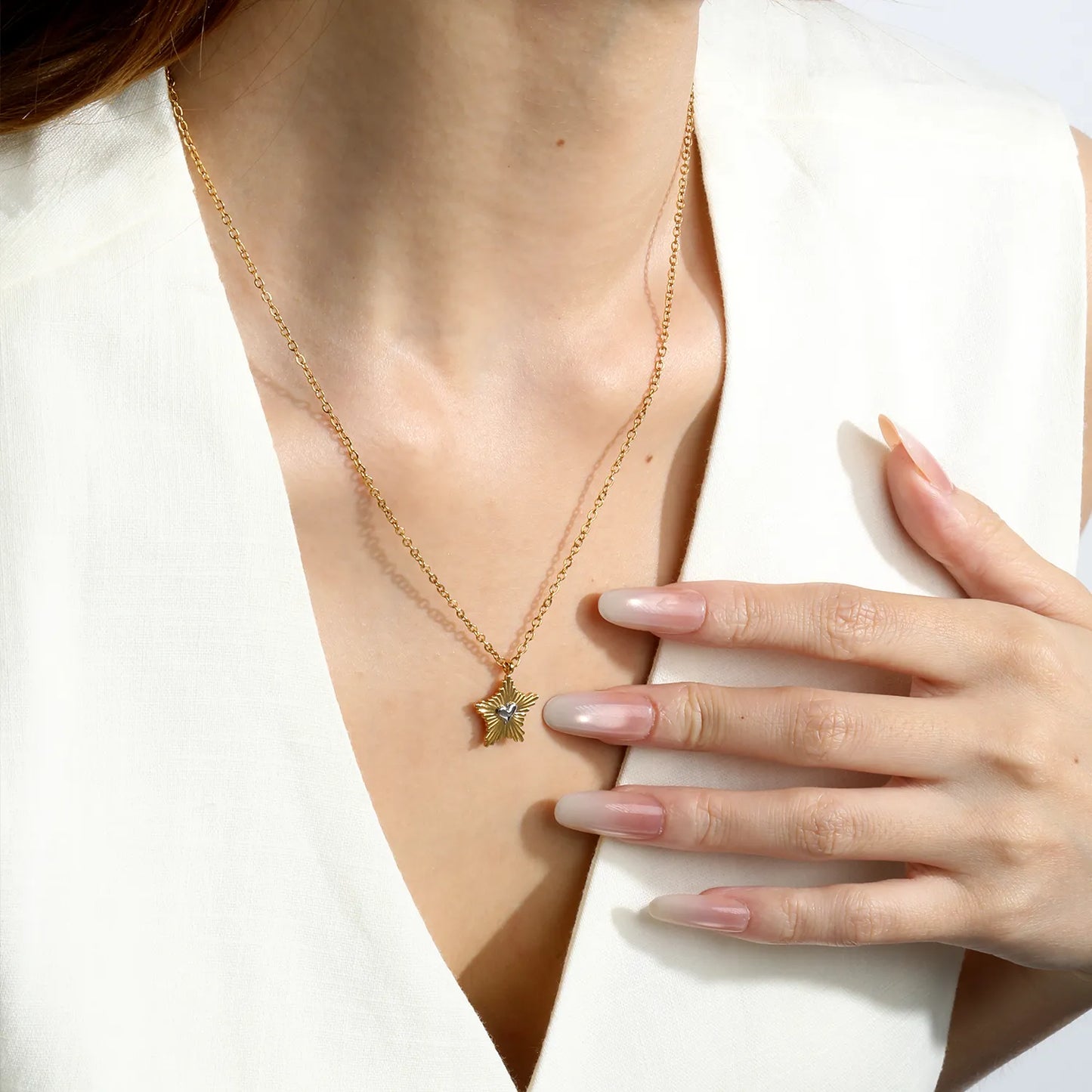 Two-Tone Sunburst Star Silver Heart Pendant 45+5cm Necklace | 18K Gold Plated Stainless Steel | Wholesale MOQ 12