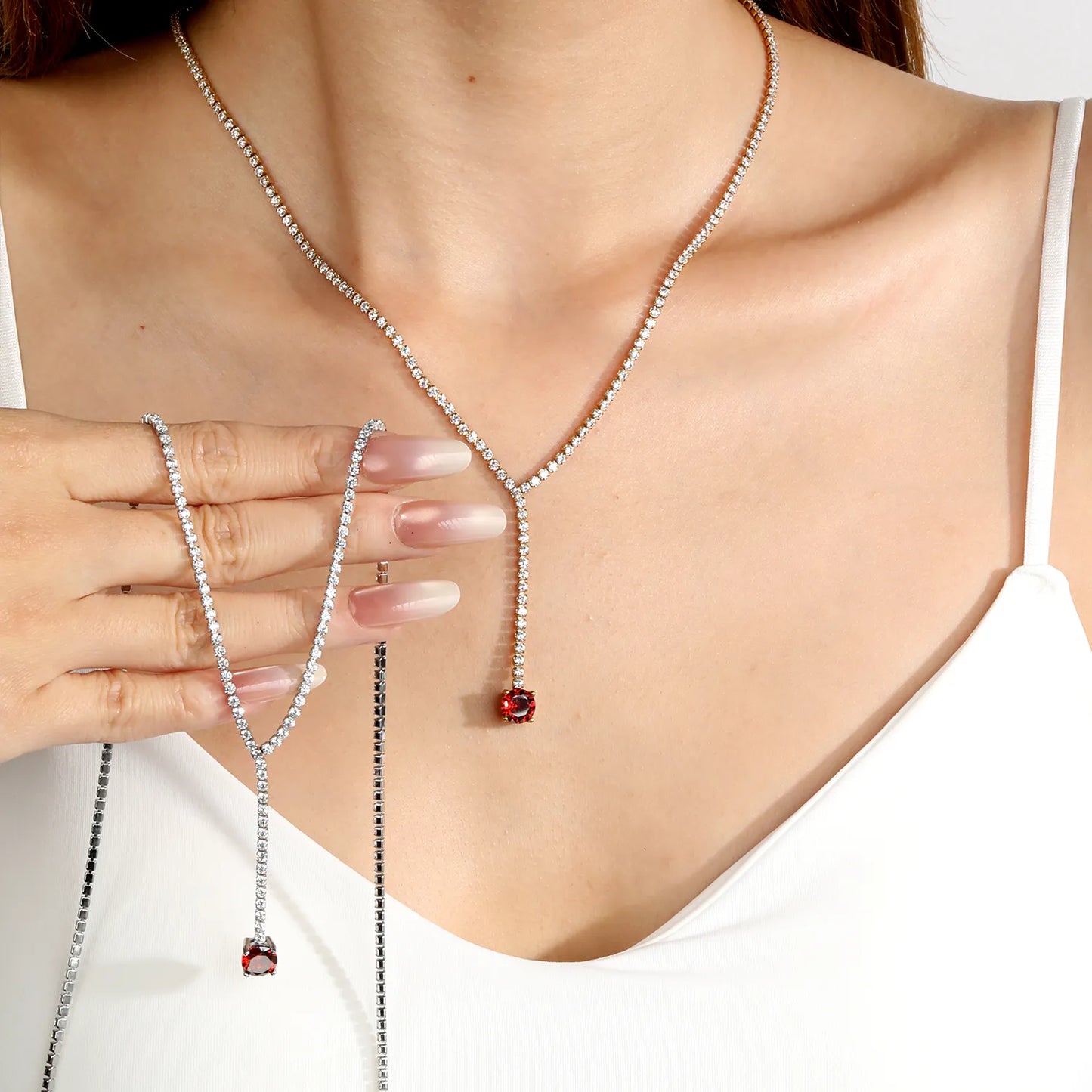 Round Red Garnet CZ Tennis Y-Drop Lariat Necklace | 2 Colors Options | Adjustable 45+5cm Stainless Steel Cubic Zirconia Pendant Necklace | Wholesale MOQ 12