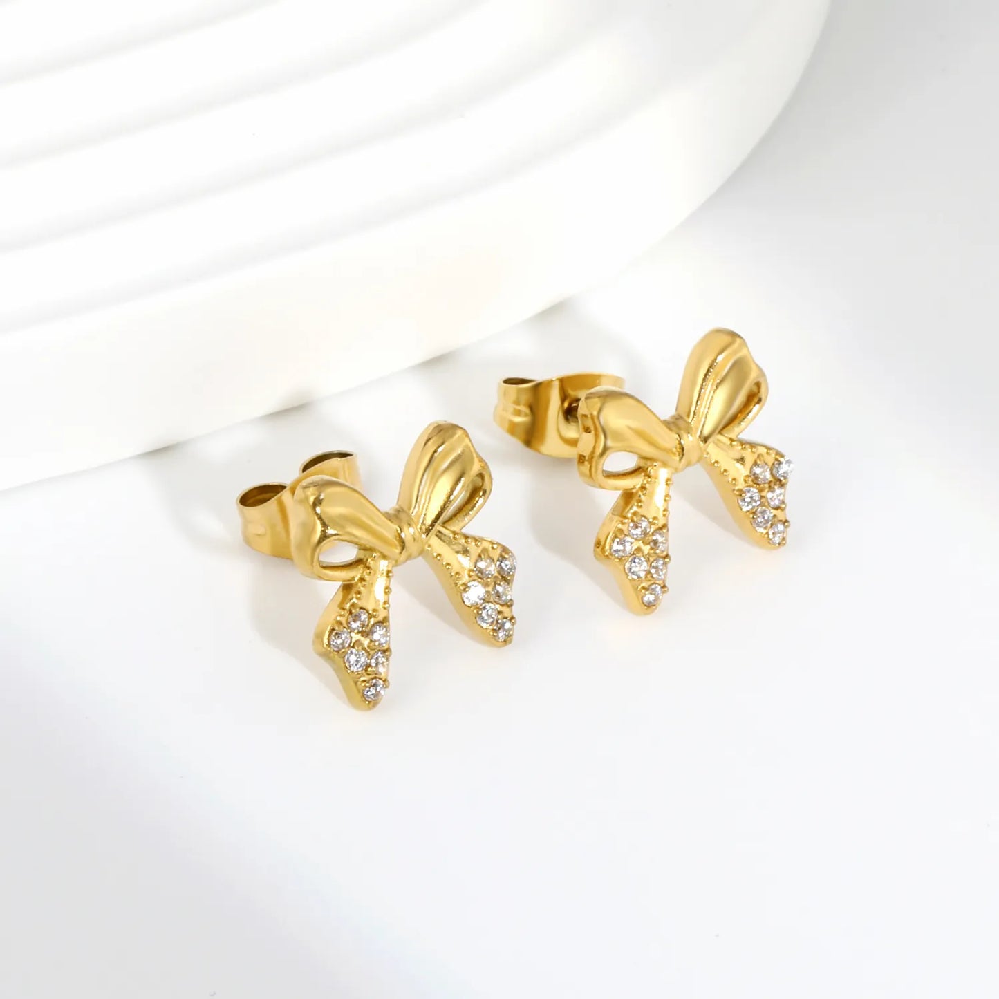 Hypoallergenic Stainless Steel Bow Stud Earrings | 18K Gold Plated with CZ Accents | Wholesale Bulk MOQ 12