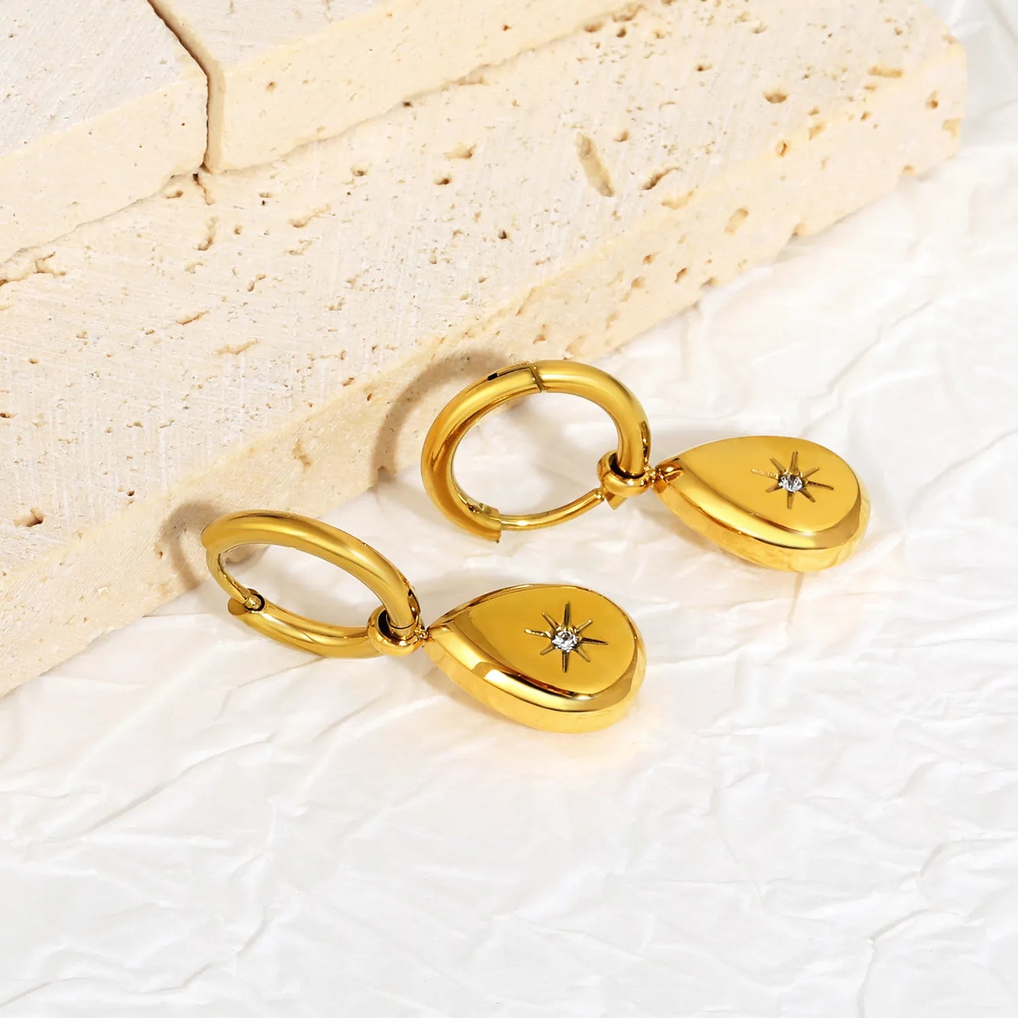 Teardrop Starburst CZ Charm Hoop Earrings | 18K Gold Plated Stainless Steel | Wholesale Bulk MOQ 12