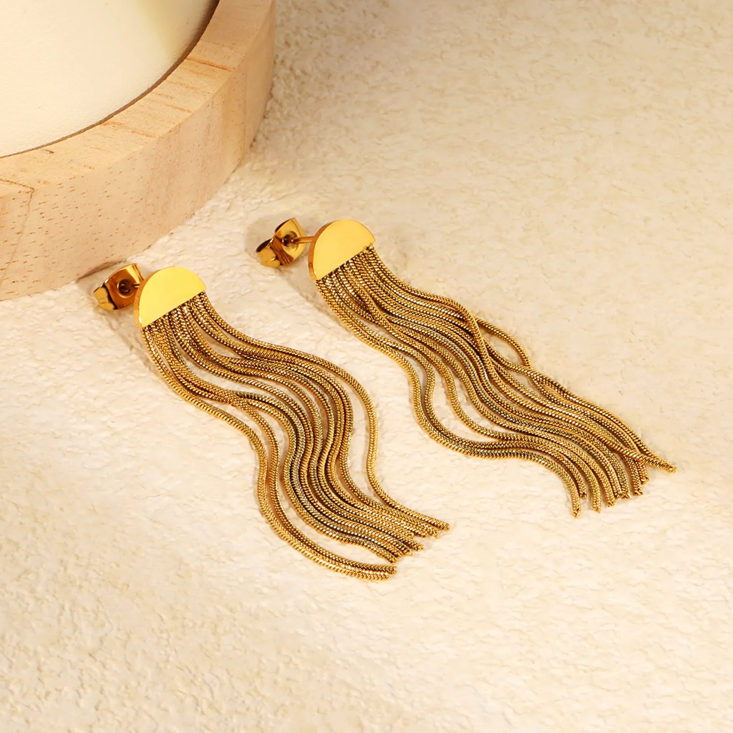 Long Gold Tassel Drop Earrings | 18K Gold Plated Stainless Steel Statement Jewelry | Wholesale Bulk Order MOQ 12
