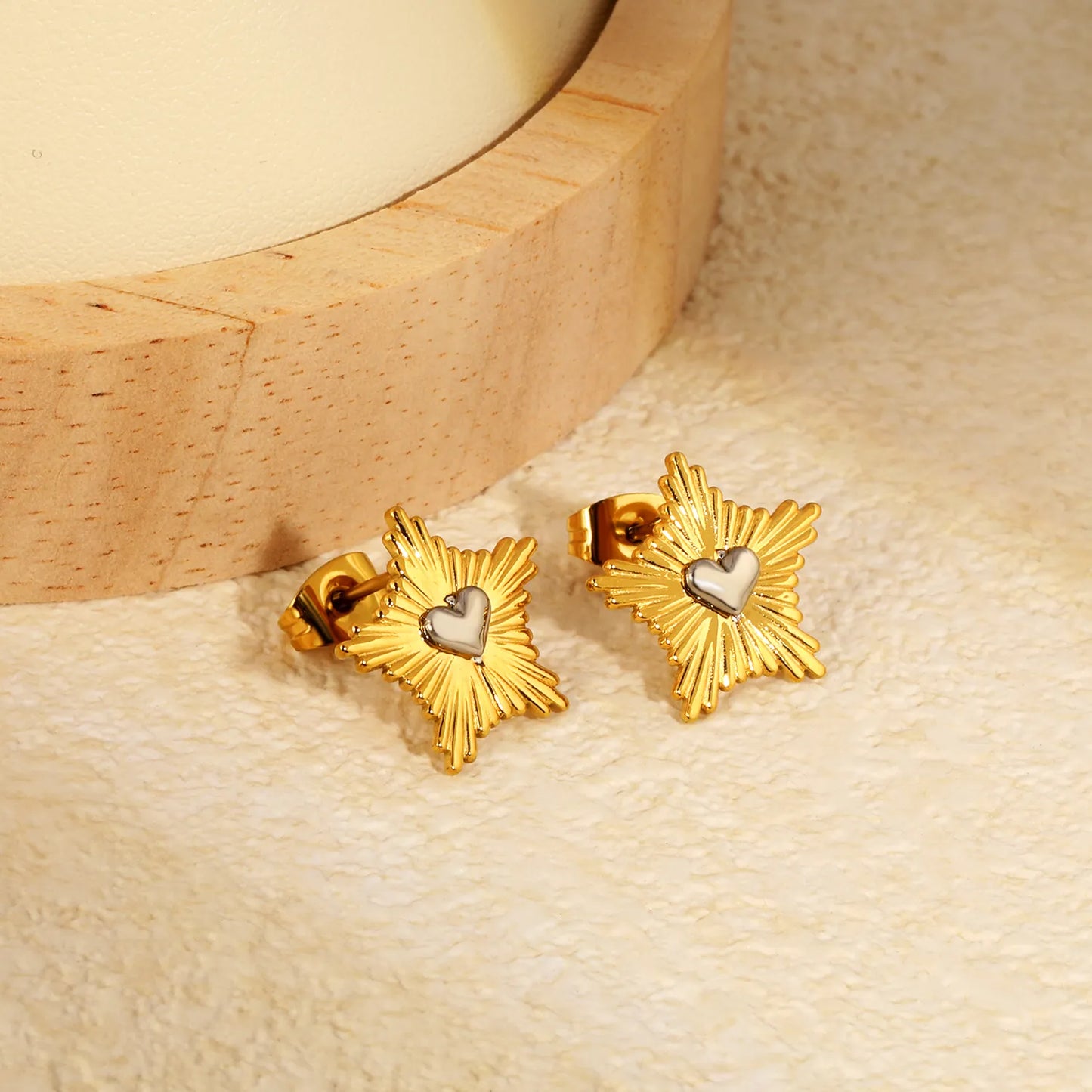 Two-Tone Sunburst Heart Stud Earrings | 18K Gold Plated Stainless Steel | Wholesale Bulk Order MOQ 12