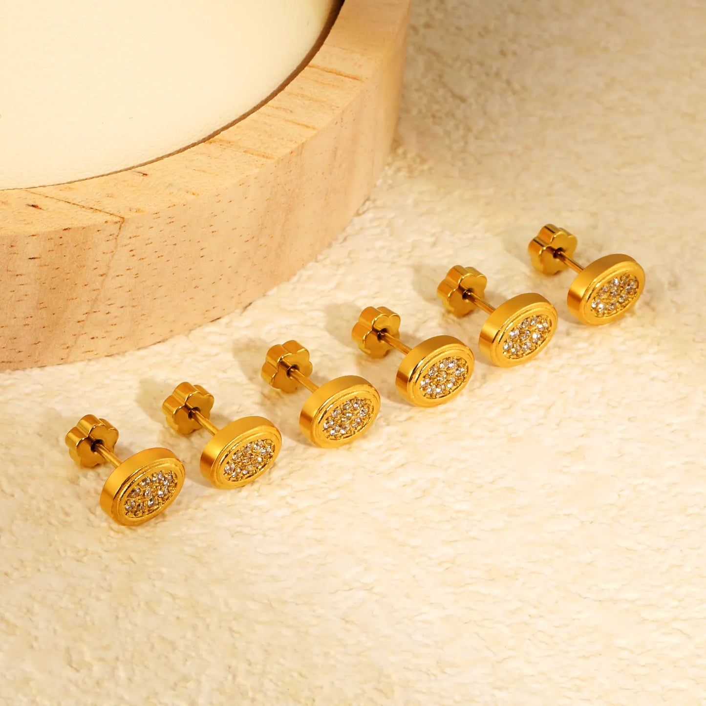 18K Gold Plated Oval Pave CZ Screw-Back Stud Earrings 3 Pairs Pack | Hypoallergenic Stainless Steel | Wholesale Bulk Order MOQ 12