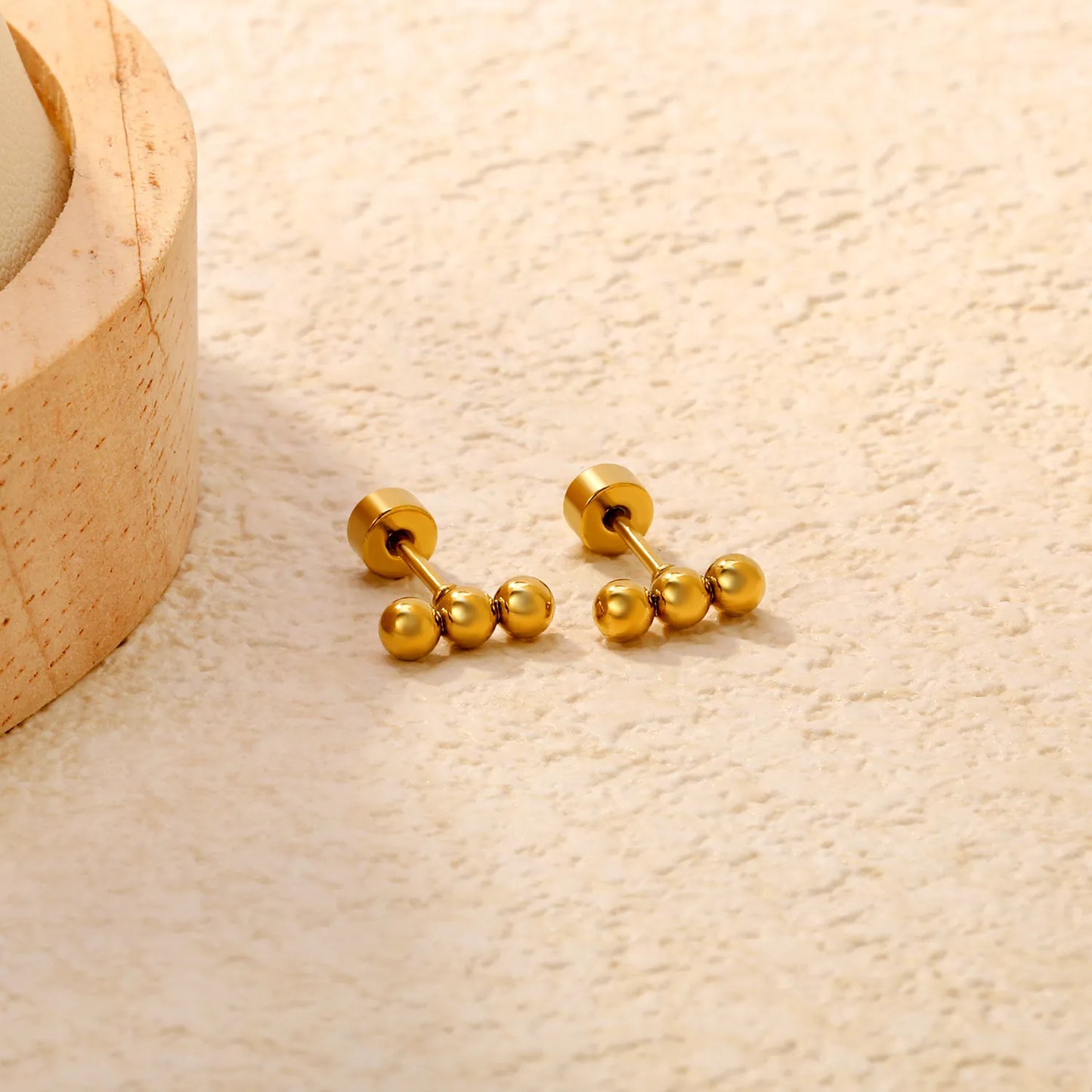 Triple Ball Barbell Screw-Back Stud Earrings | 18K Gold Plated Stainless Steel | Wholesale Bulk Order MOQ 12