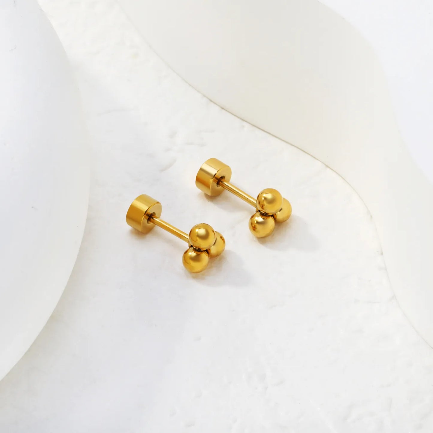 Triple Bead Cluster Screw-Back Stud Earrings | 18K Gold Plated Stainless Steel | Wholesale Bulk Order MOQ 12