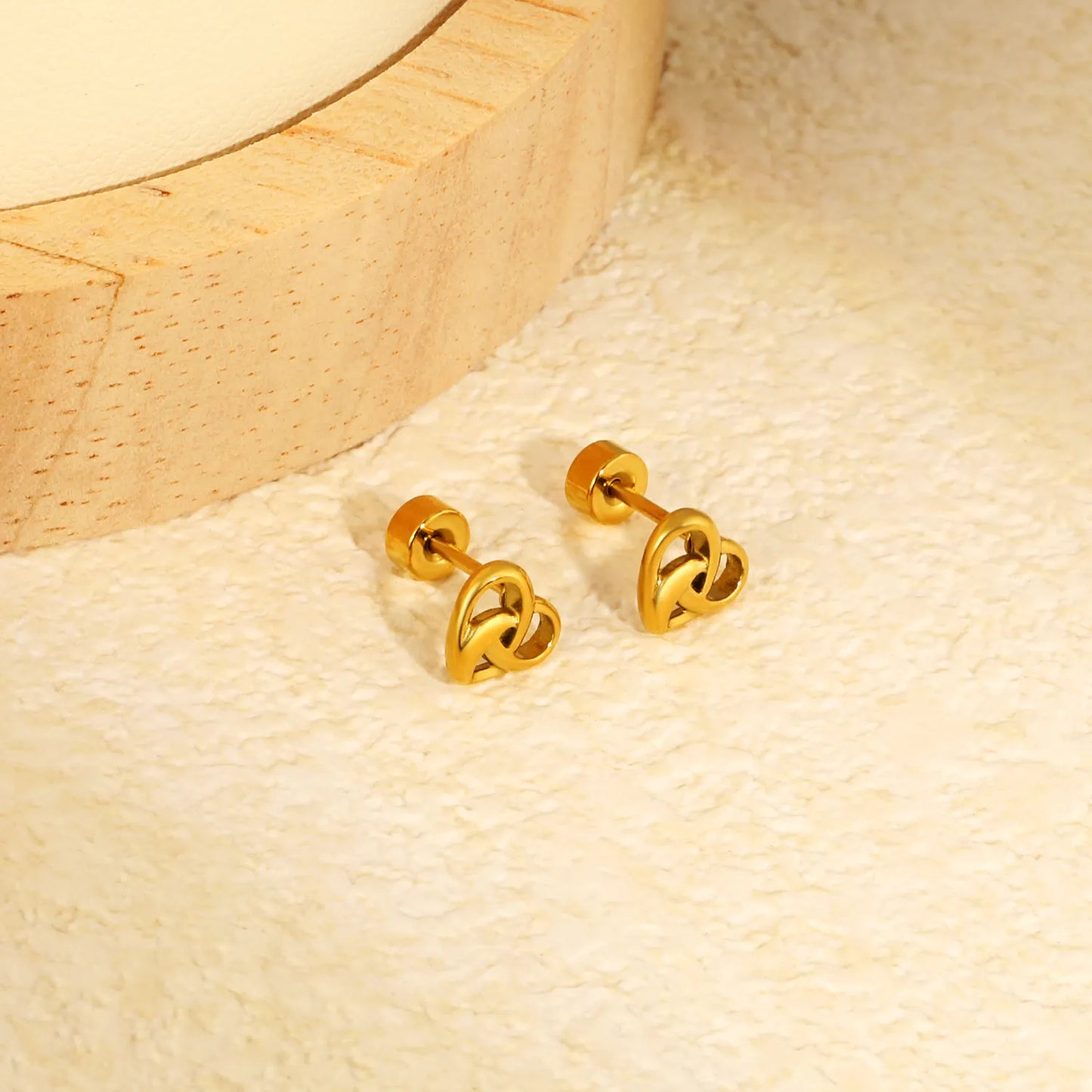 Open Heart Knot Screw-Back Stud Earrings | 18K Gold Plated Stainless Steel | Wholesale Bulk Order MOQ 12