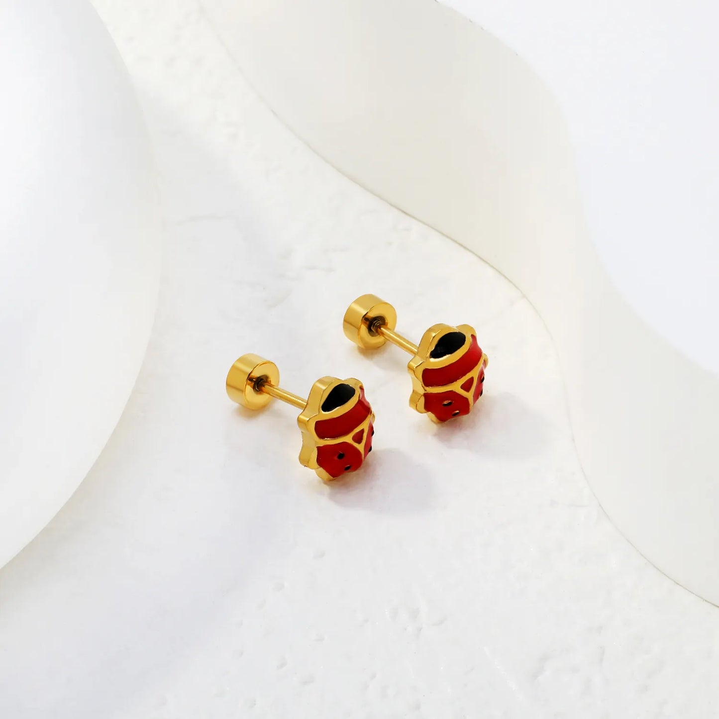Ladybird Enamel Screw-Back Stud Earrings | 18K Gold Plated Stainless Steel | Wholesale Bulk Order MOQ 12
