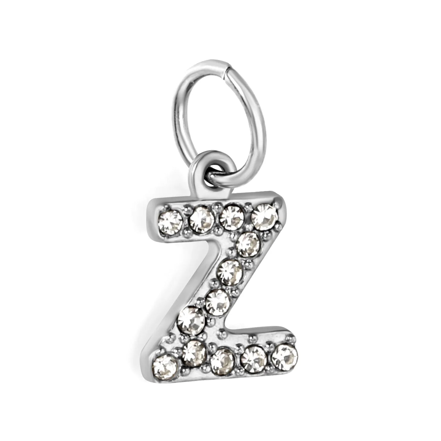 Silver Initial Letter Charms with Cubic Zirconia | Hypoallergenic Stainless Steel | Wholesale Bulk Order
