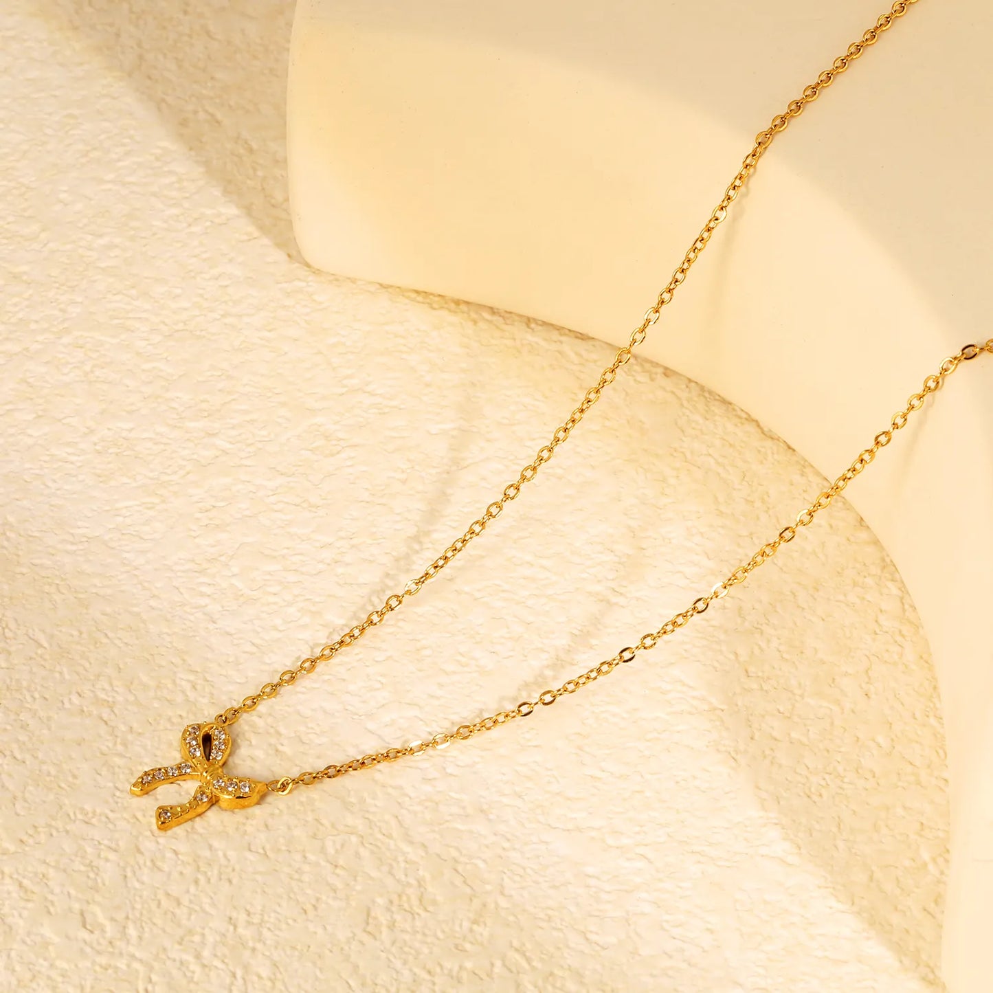 Openwork CZ Bow Pendant Necklace Adjustable 40+5cm | 18K Gold Plated | Hypoallergenic & Tarnish-Resistant | Wholesale MOQ 12