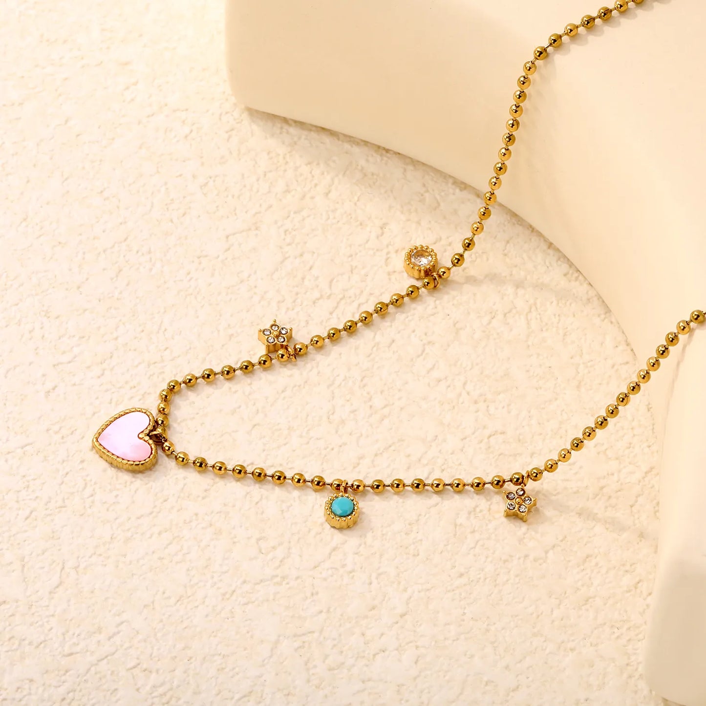 Pink Heart & Multi-Charm Ball Necklace 18K Gold Plated Chain | Adjustable 40+5cm | Wholesale Bulk Order MOQ 12