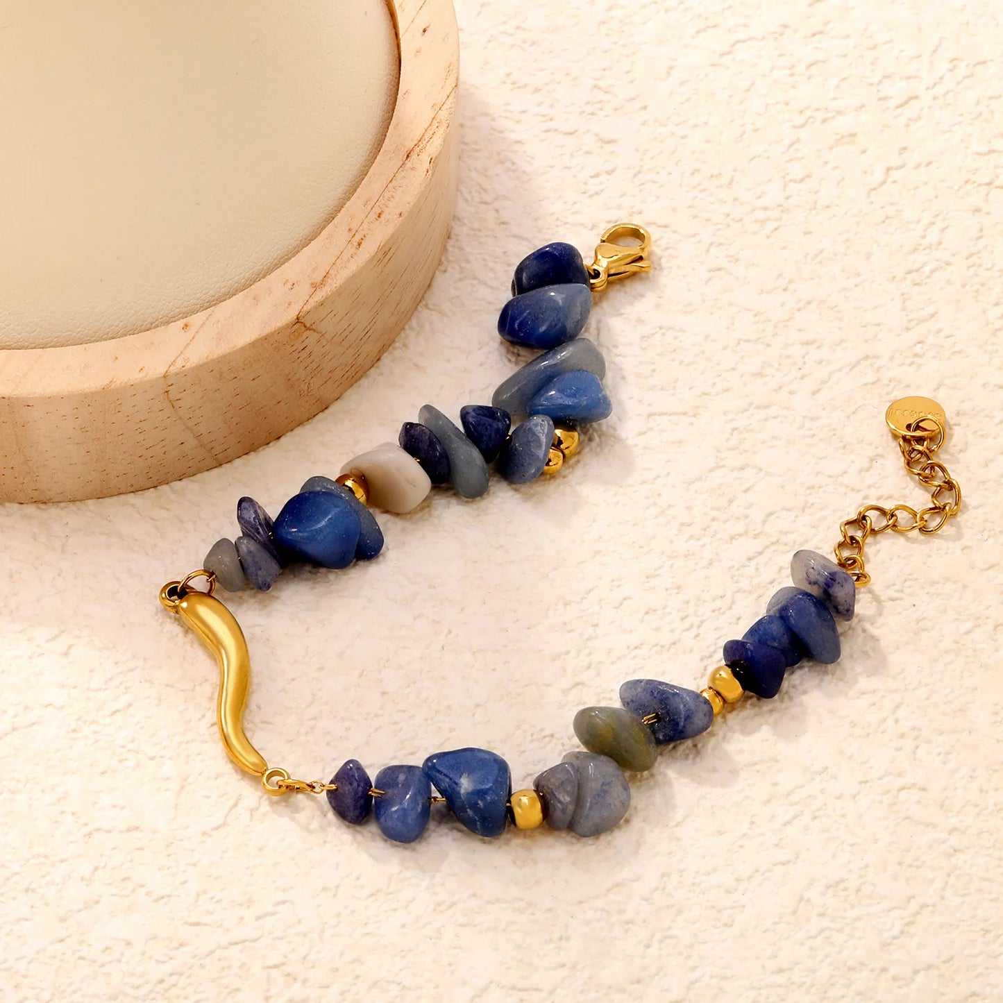 Adjustable Blue Natural Stone Beaded Bracelet | 17+3cm | 18K Gold Plated Stainless Steel | Wholesale Bulk Order MOQ 12
