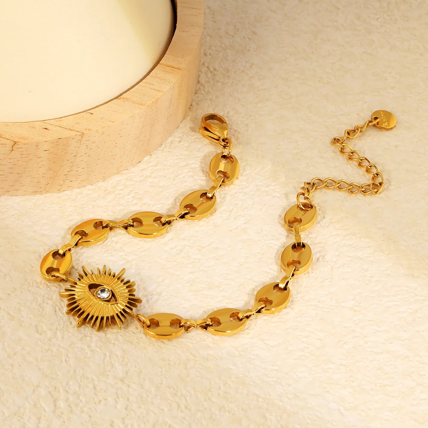 18K Gold Plated Evil Eye Sunburst Mariner Chain Bracelet | Adjustable 17+5cm | Wholesale Bulk Order MOQ 12