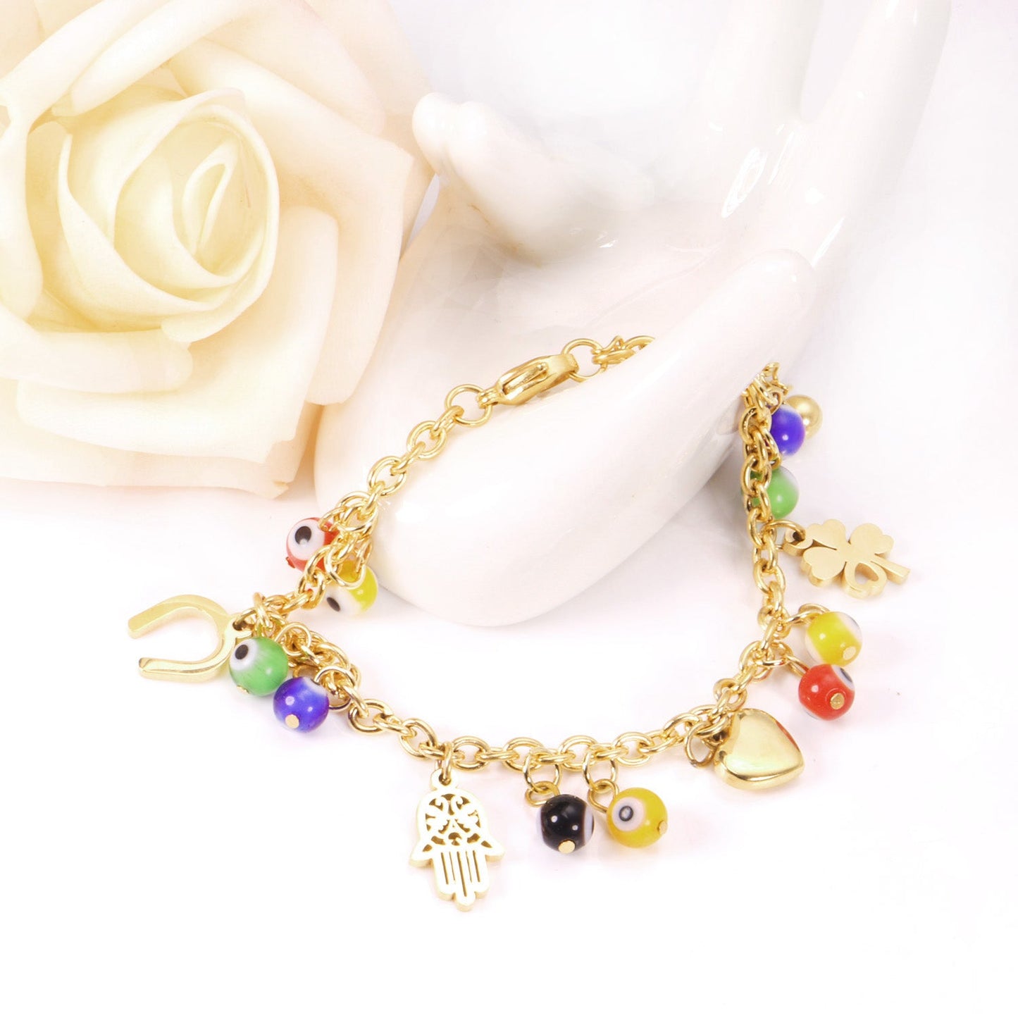 Goldtone Accessory Bracelet with Cat's Eye Palm U-Shaped Heart