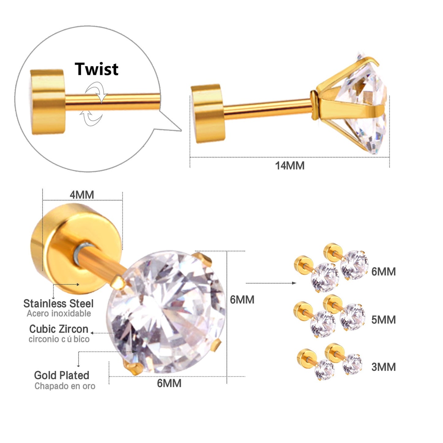 12 pairs 3mm/5mm/6mm gold/steel four-grip round mixing screw plugs