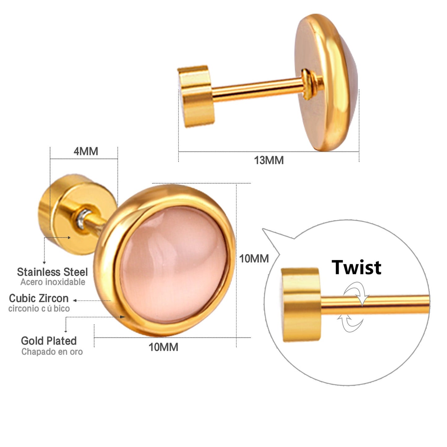 12 pairs 10mm/8mm Steel/Gold Mixed Screw Earrings