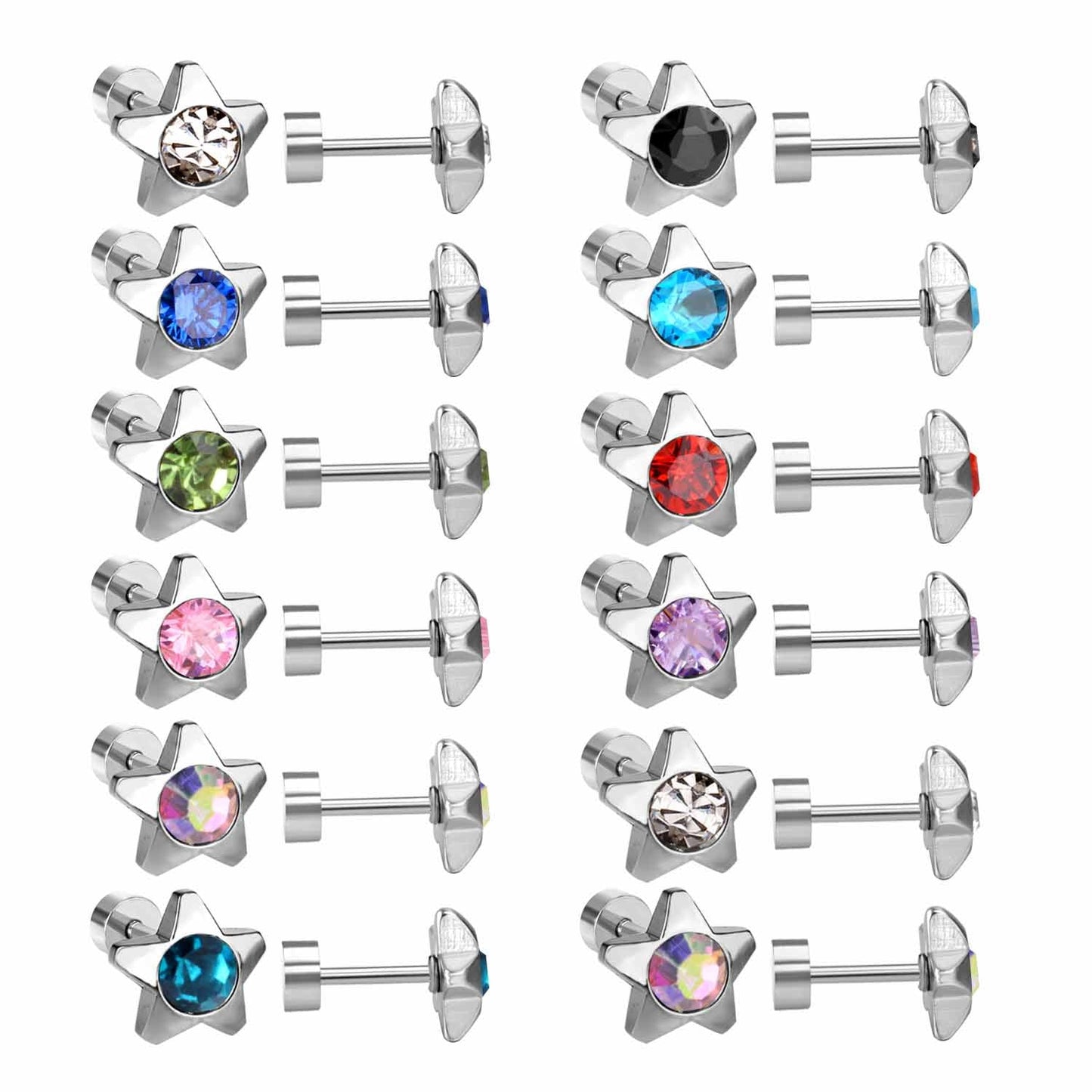 12 pairs 7mm steel/golden pentagram mixed drill/white diamond screw plugs