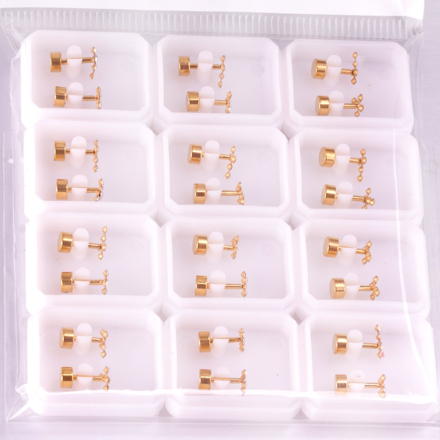 12 pairs steel/gold cross & 6 small diamonds screwbacks with diamonds