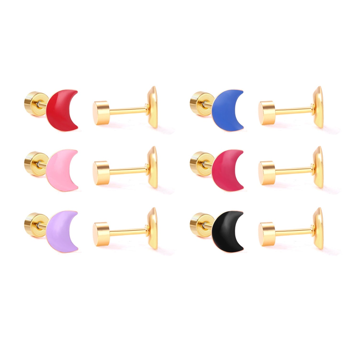 12 pairs Steel / Goldtone Moon Shaped Mixed Color Screwback Earrings