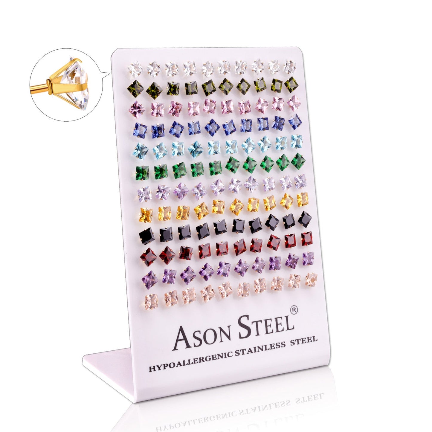 6mm Snapback Steel/Gold Square Mixed Diamond Stud Earrings