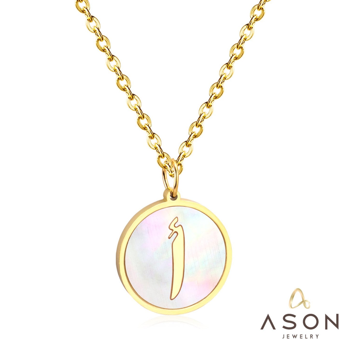 ASON White Shell Gold Color Initial Letter Fashion Pendant Necklace Stainless Steel Alphabet Link Chain for Gift