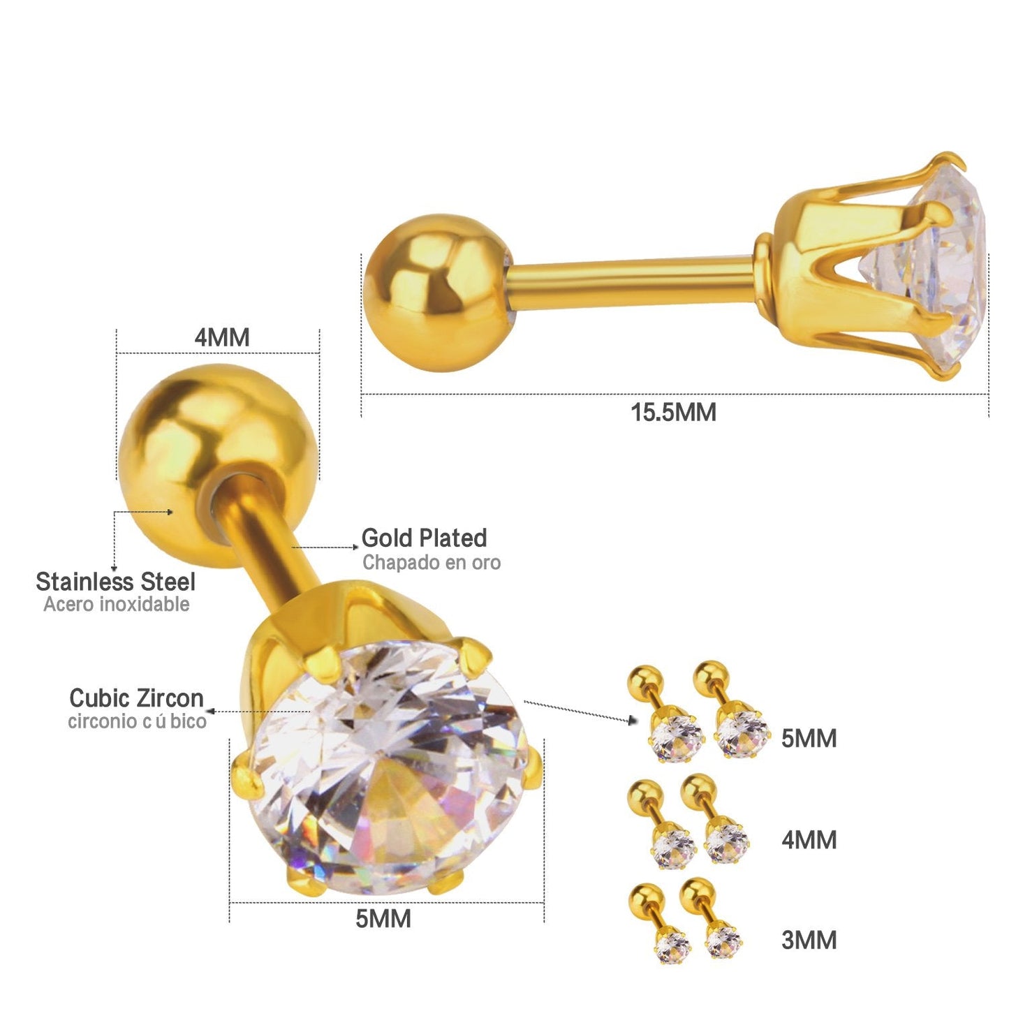 ASON Size 3mm/4mm/5mm Gold Color Cubic Zirconia Round Screw Piercing Stud Earring Stainless Steel Earring For Women Jewelry
