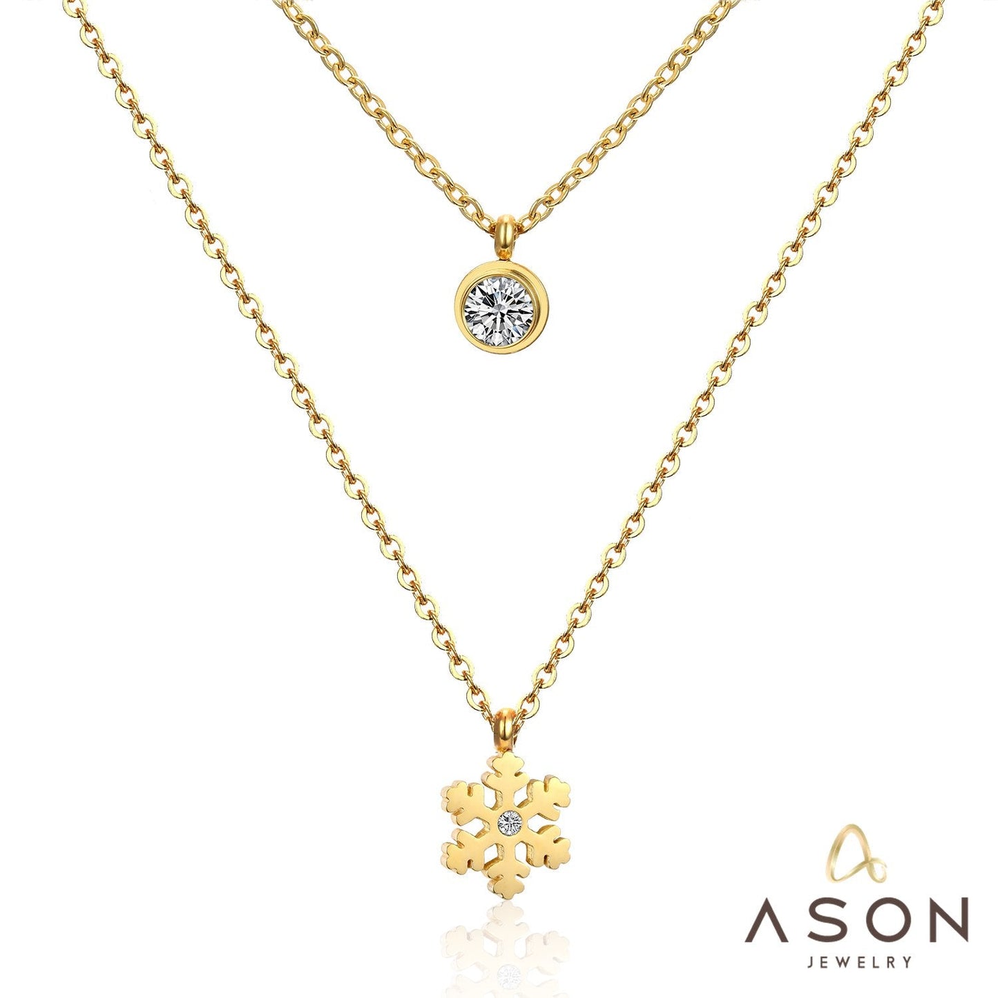ASON Snowflake Round Cubic Zirconia Pandents Double Chains Necklaces Gold Color Stainless Steel For Women Chokers Christmas