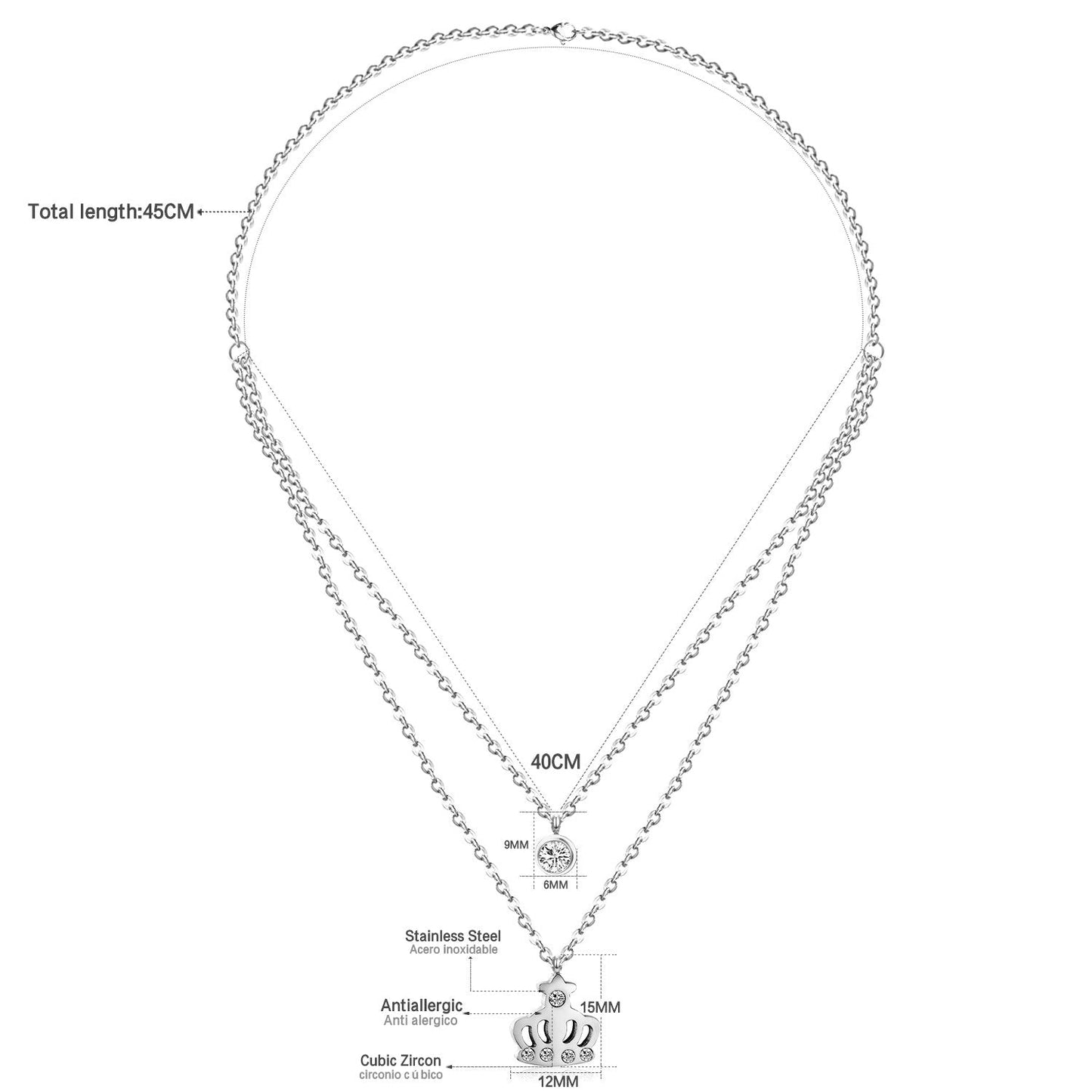 ASON Necklaces Stainless Steel Round Cubic Zirconia Pendant Necklaces Gold Color Double Chainlaces Party Gift Chokers