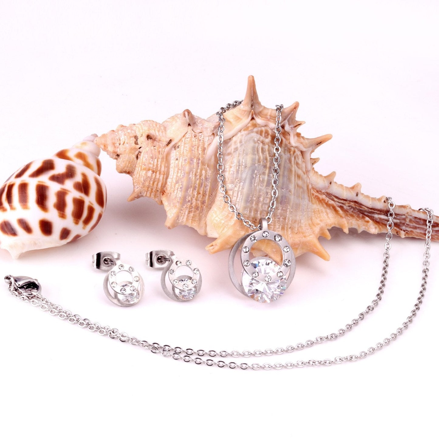 Cubic Zirconia Round Double Necklace Earrings Jewelry Sets For Women Girl bijoux Stainless Steel Wholesale Wedding