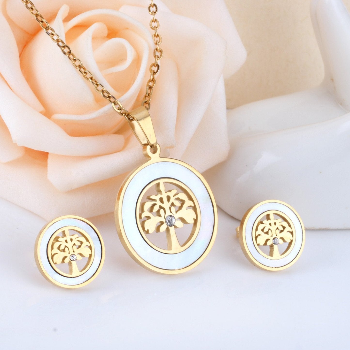 Gold Stainless steel Shell African Wedding Dubai Bridal Jewelry set Indian Tree Necklace Earrings Jewellery Set
