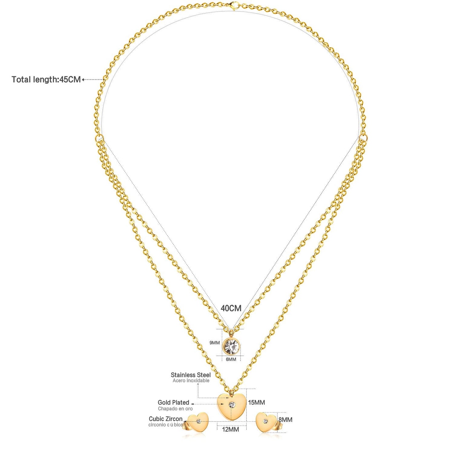 ASON 316L Stainless Steel Heart Love Gold Bridal Wedding Jewelry Set for Women Necklace Pendant Small Stud Earring