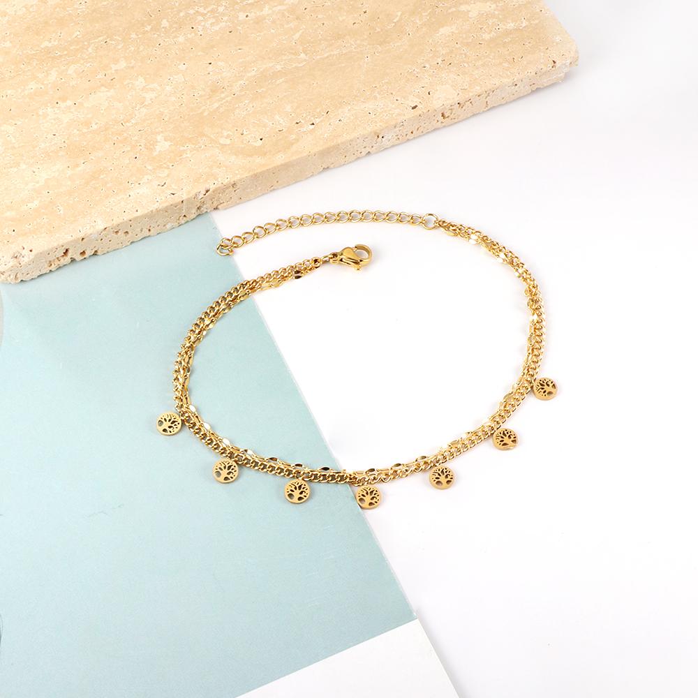 ASON Trendy Round Hollow Out Tree Accessories Multi-layer Chain Anklet Gold Color Stainless Steel For Women Fashion Jewelry