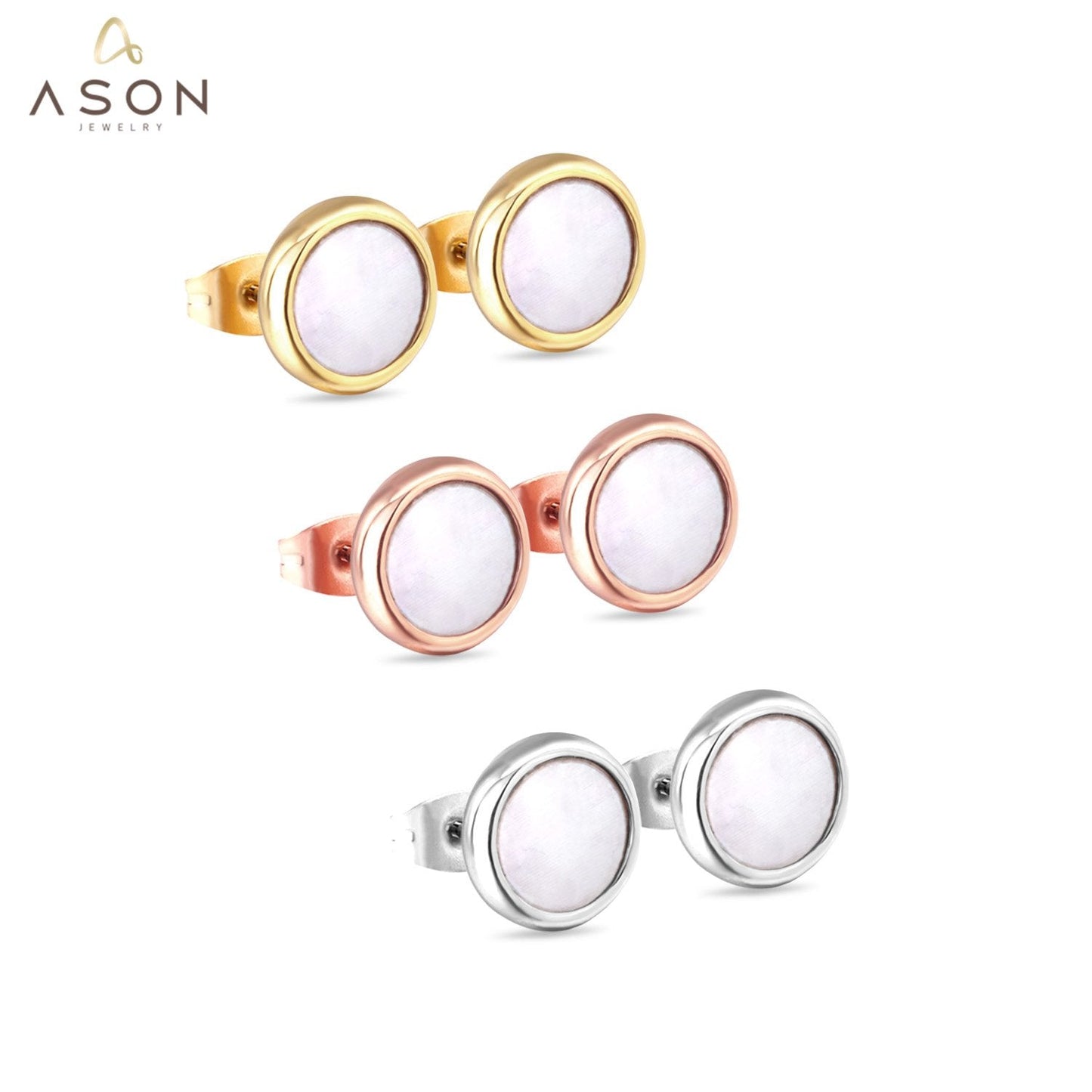 ASON Stylish White/Black Shell Stud Earrings 3Pairs/lot 8mm Round Earring Stainless Steel Jewelry for Women Party Gift