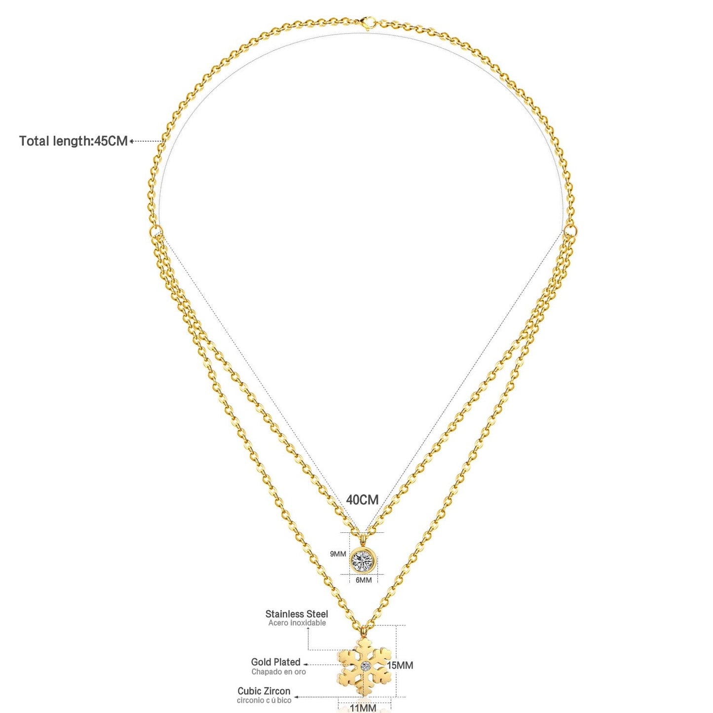 ASON Snowflake Round Cubic Zirconia Pandents Double Chains Necklaces Gold Color Stainless Steel For Women Chokers Christmas