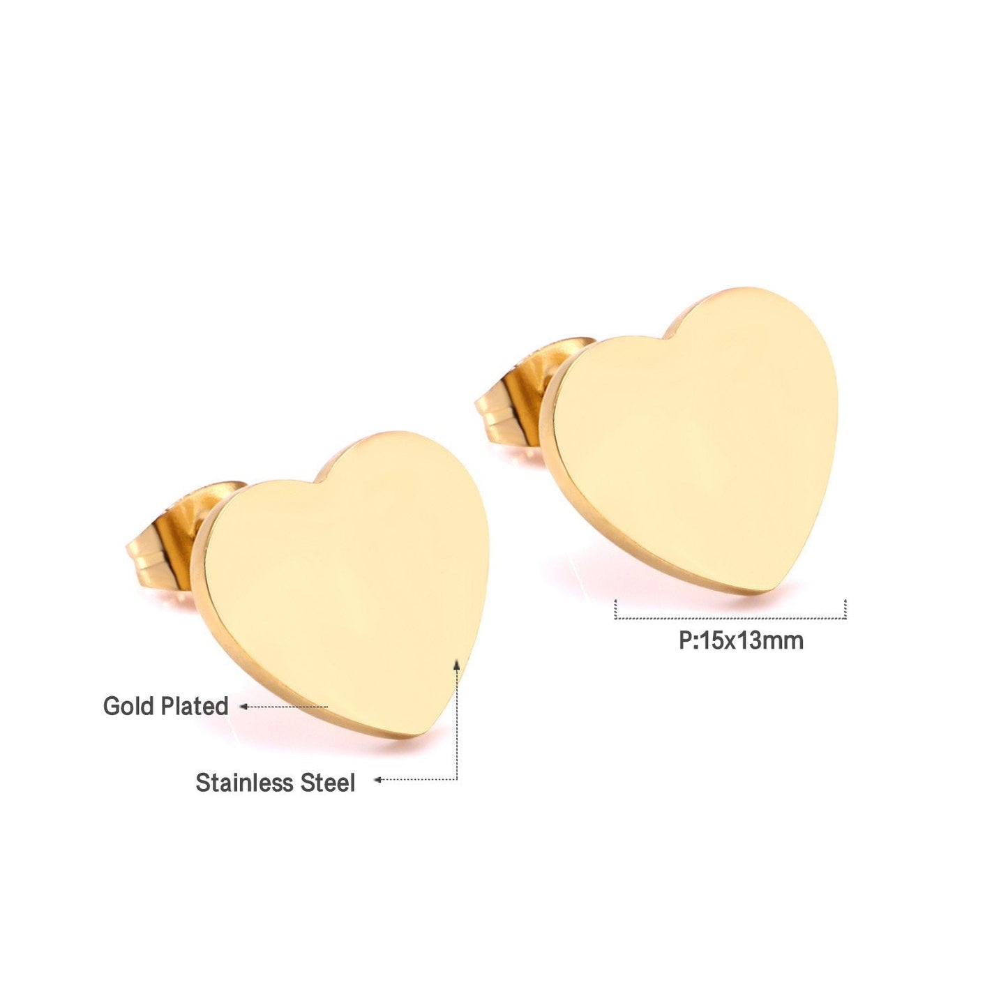 ASON Lover's Jewelry Gold Color Heart Earrings Stainless Steel Push Back Piercing Stud Earrings Ladies Accessories Party