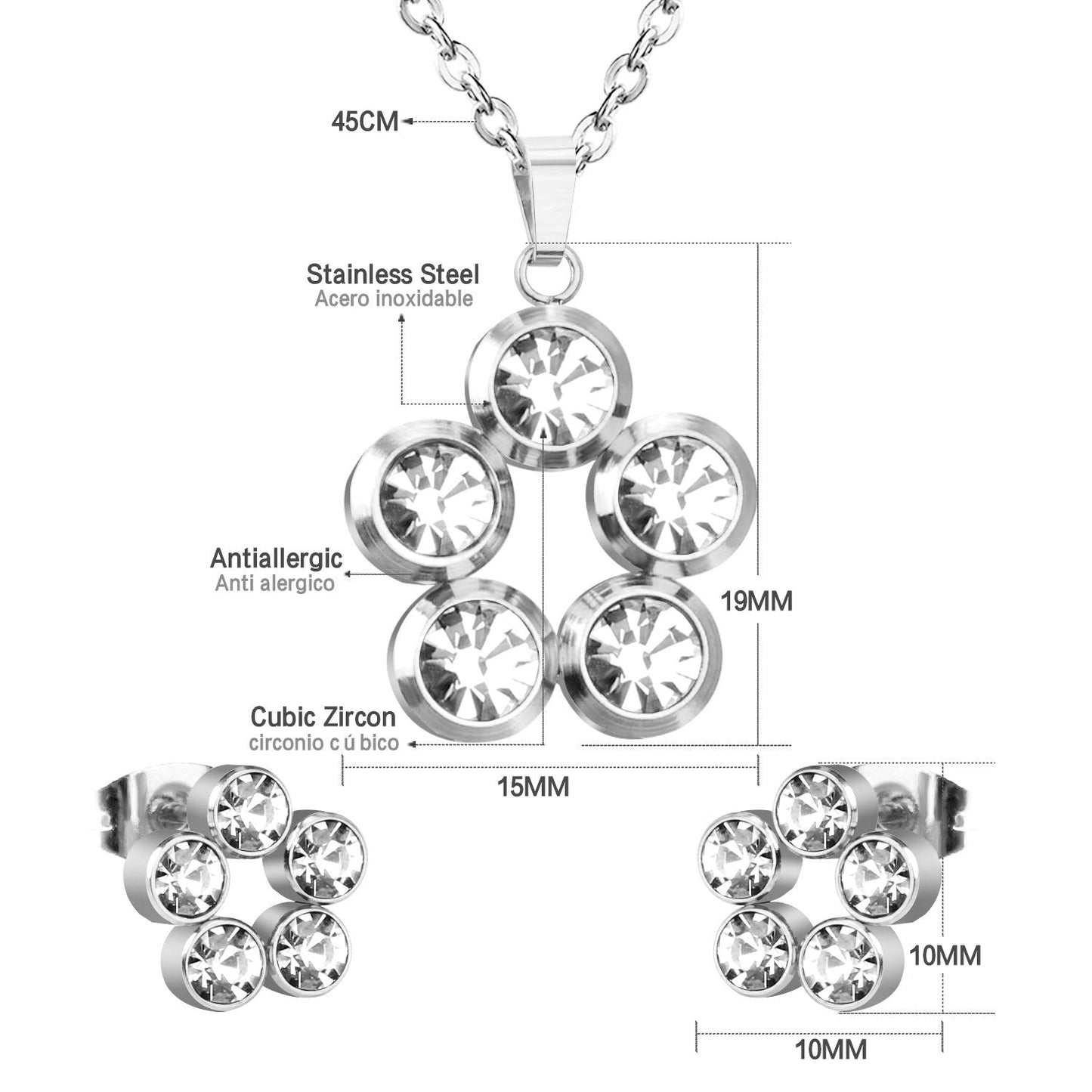 ASON 316L Stainless Steel Zircon Gold Bridal Wedding Jewelry Sets for Women Round Necklace Pendant Small Stud Earring