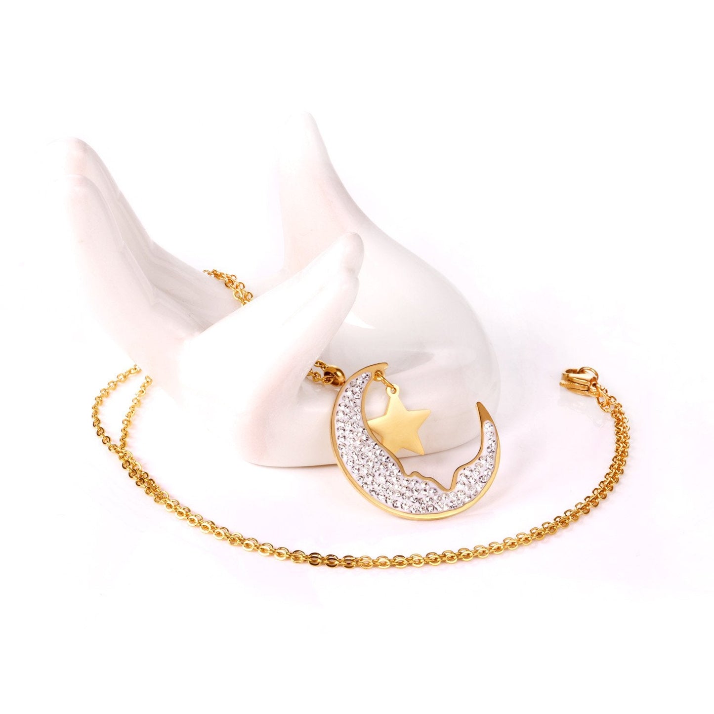 ASON Moon and Star Cubic Zirconia Pendant Necklace Gold Color Stainless Steel Chain for Women Girl Gift Jewelry Accessories