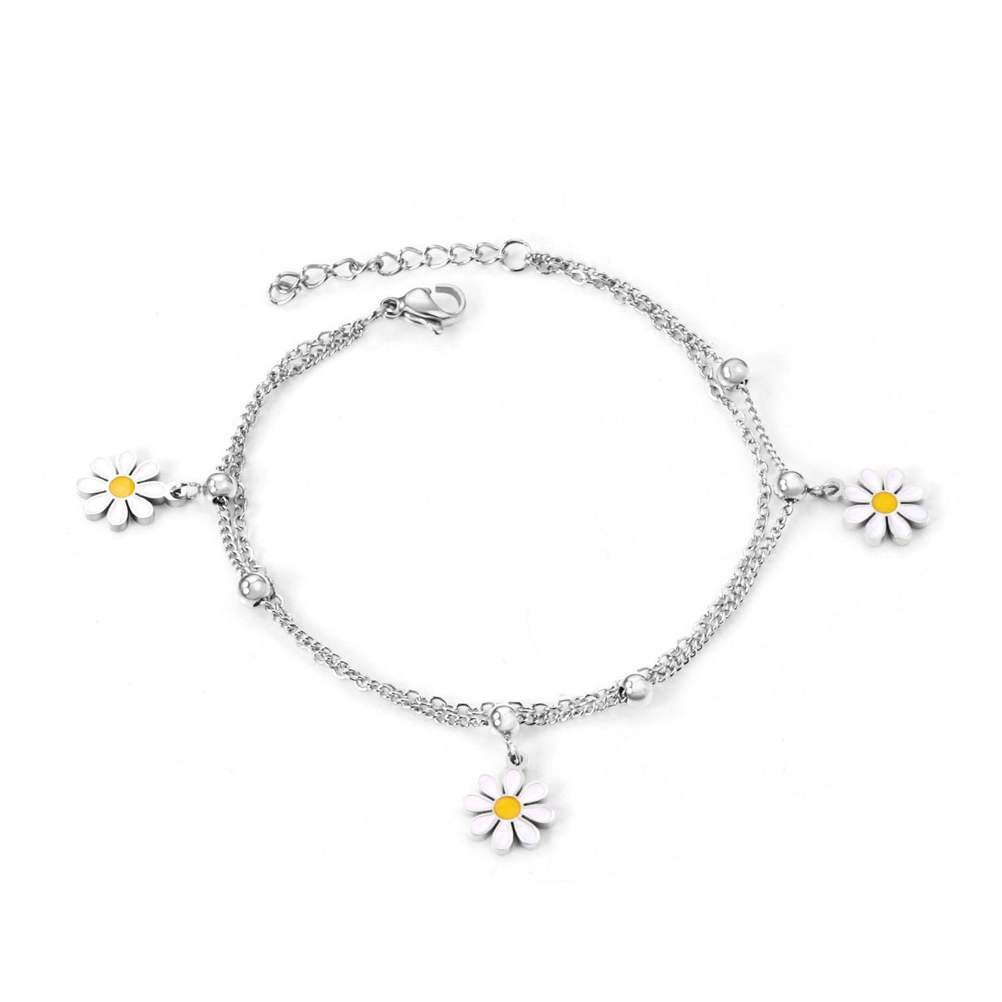 ASON Little Flower Pendant Bracelet Stainless Steel Double Chain Bangle with Steel Ball for Women Fashion Jewelry Gift
