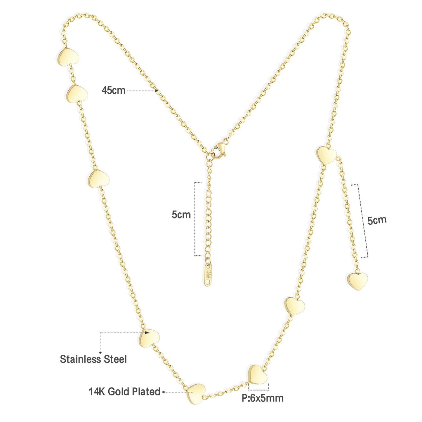 ASON Gold Love Heart Pendant Girl Necklace Stainless Steel 45cm+5cm Extender Chains Necklaces Collares Wedding Accessories