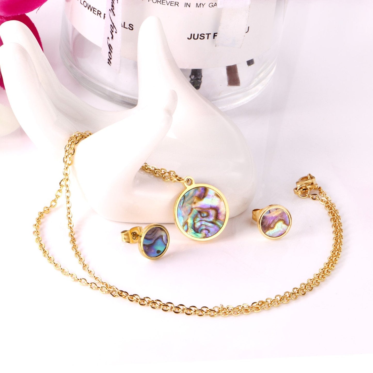 ASON Round Wedding Shell Carbon Fiber Jewelry Sets Pendant Necklace & Small Stud Earrings 316L Stainless Steel for Women