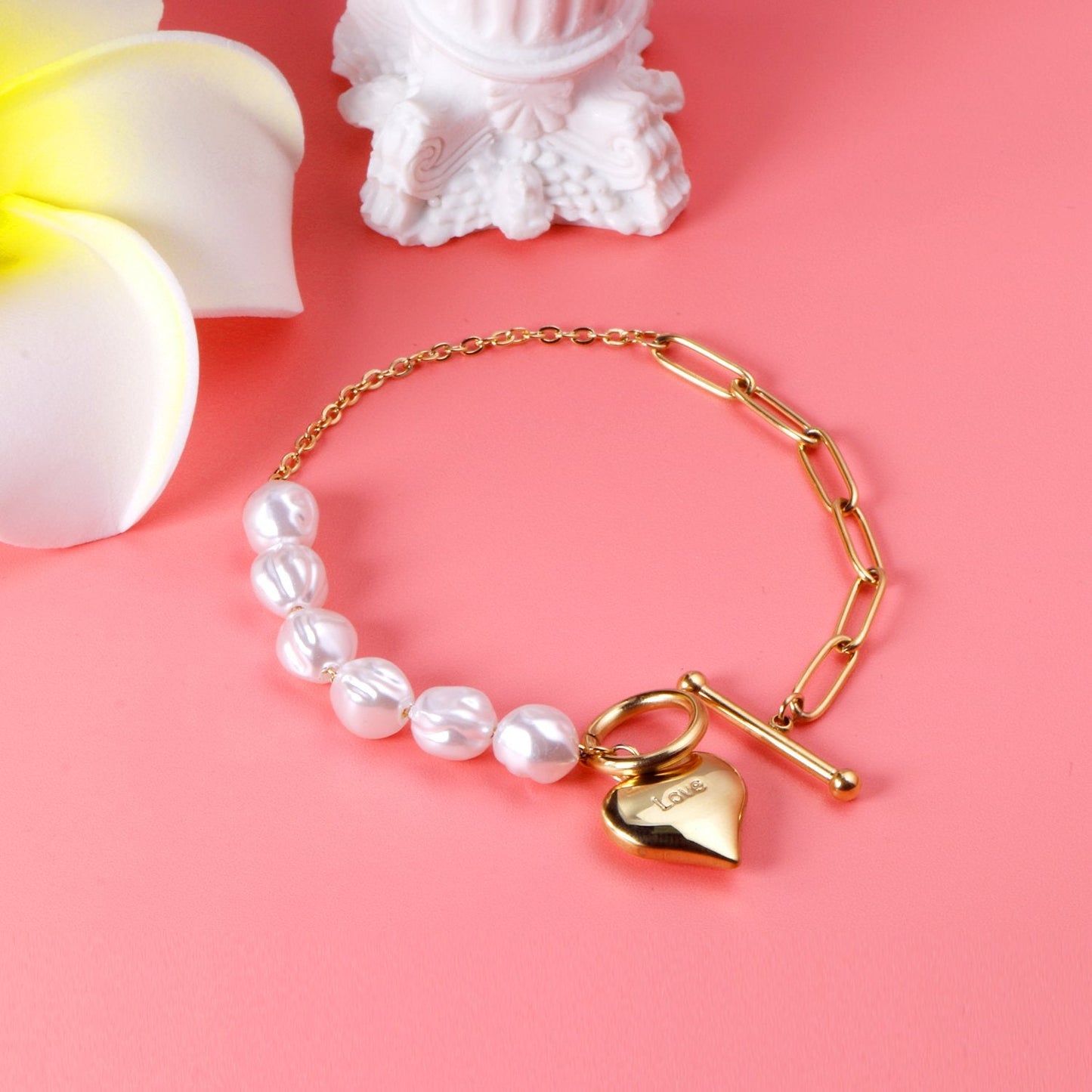 ASON Gold Color Heart Charm Imitation Pearl Stainless Steel Bracelet for Women Girl Fashion Jewelry Party Gift Accessories