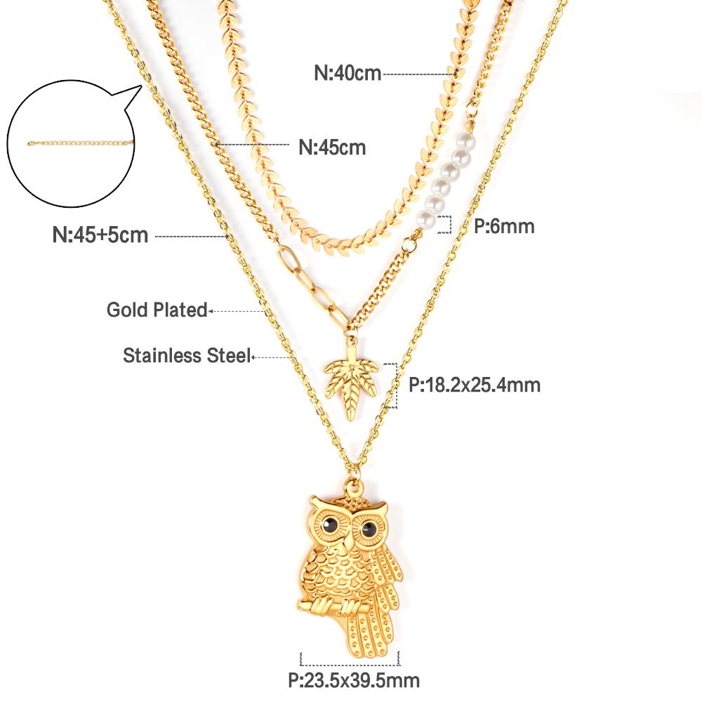 ASON Gold Color Stainless Steel Owl Pendant Necklace Multi-layer Choker with Imitation Pearl for Women Jewelry Gift