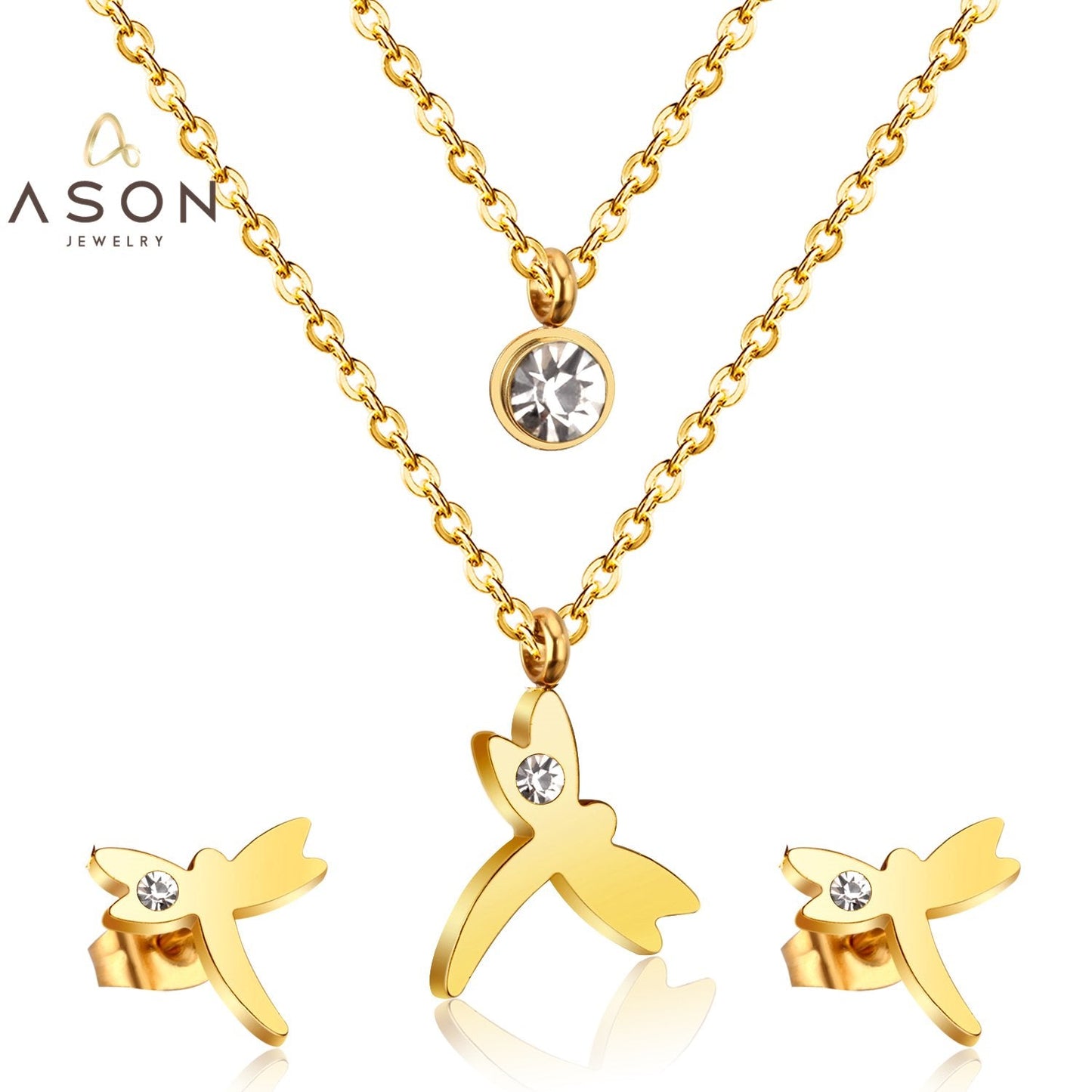 ASON Fashion 316L Stainless Steel Gold Bridal Wedding Jewelry Set for Women Dragonfly Necklace Pendant Small Stud Earring