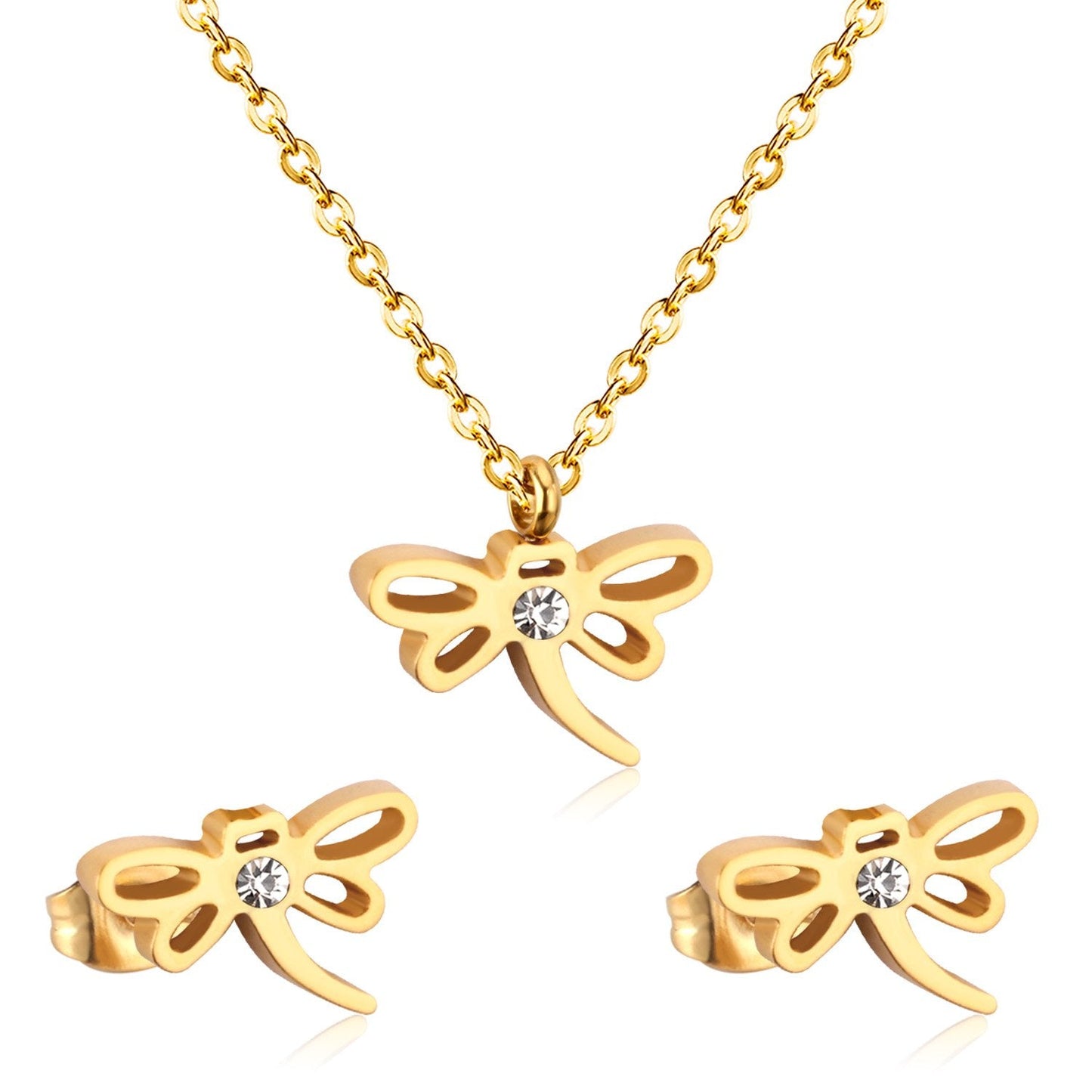 ASON Dragonfly Necklace Earrings Jewelry Set Stainless Steel Gold Color Animal Pendants Necklaces Statement Fashion Jewelry