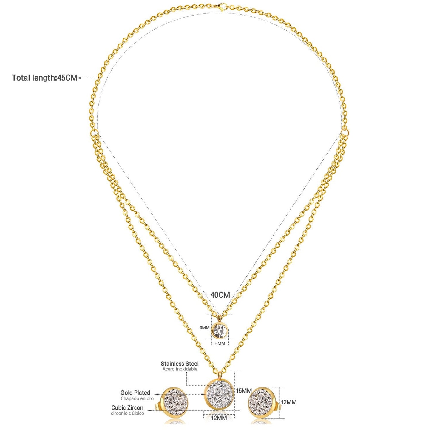 ASON Double Round Rolo Cuban Link Chains Jewelry Sets Stainless Steel Cubic Zirconia Pendant Necklace Earring Bijoux Party